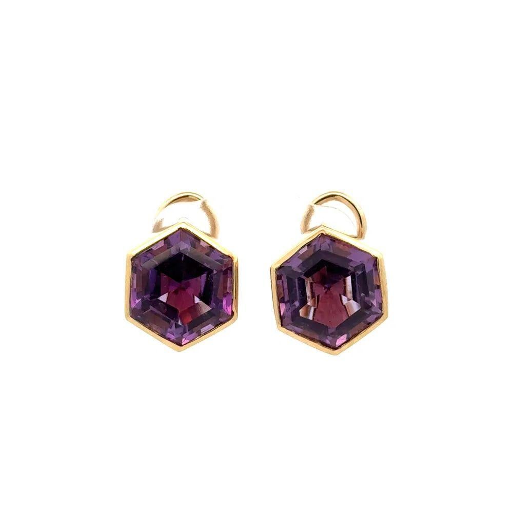 Modernist Vintage Hexagon Amethyst Gold French Clip Earrings For Sale