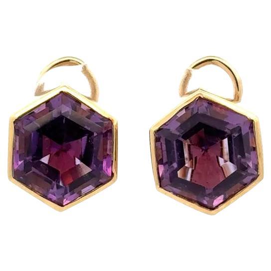 Vintage Hexagon Amethyst Gold French Clip Earrings