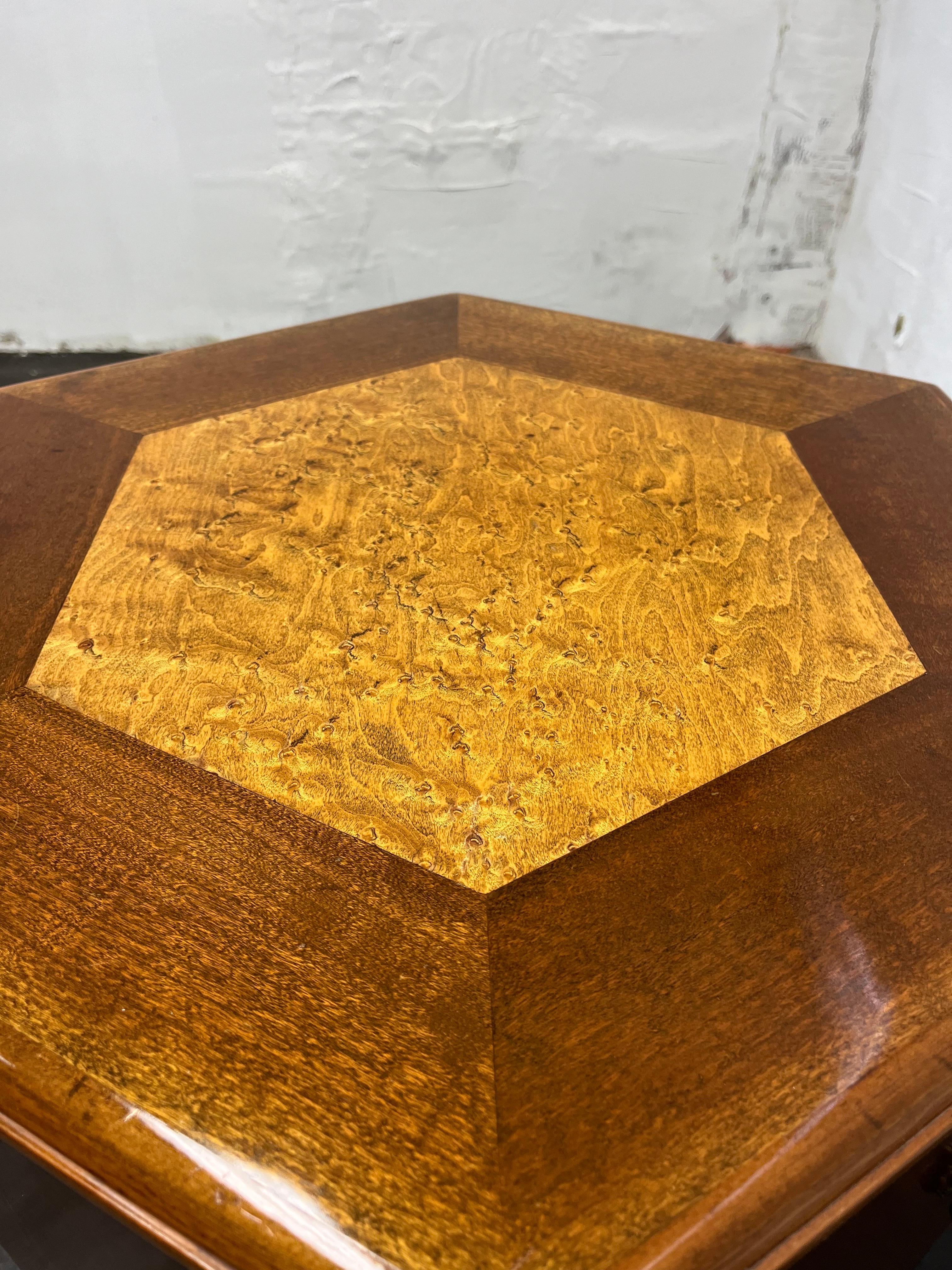 Vintage Hexagon Table Burled Inset  For Sale 1