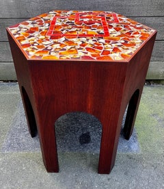 Vintage Hexagon Tile Top Mahogany End Table, c. 1960