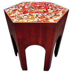 Vintage Hexagon Tile Top Mahogany End Table, c. 1960