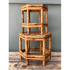 Vintage Hexagonal Bamboo Orchid Pedestals - Set Of 2