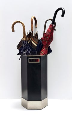 Vintage Hexagonal Black Glazed Metal and Satined Steel Umbrella Stand by Velca