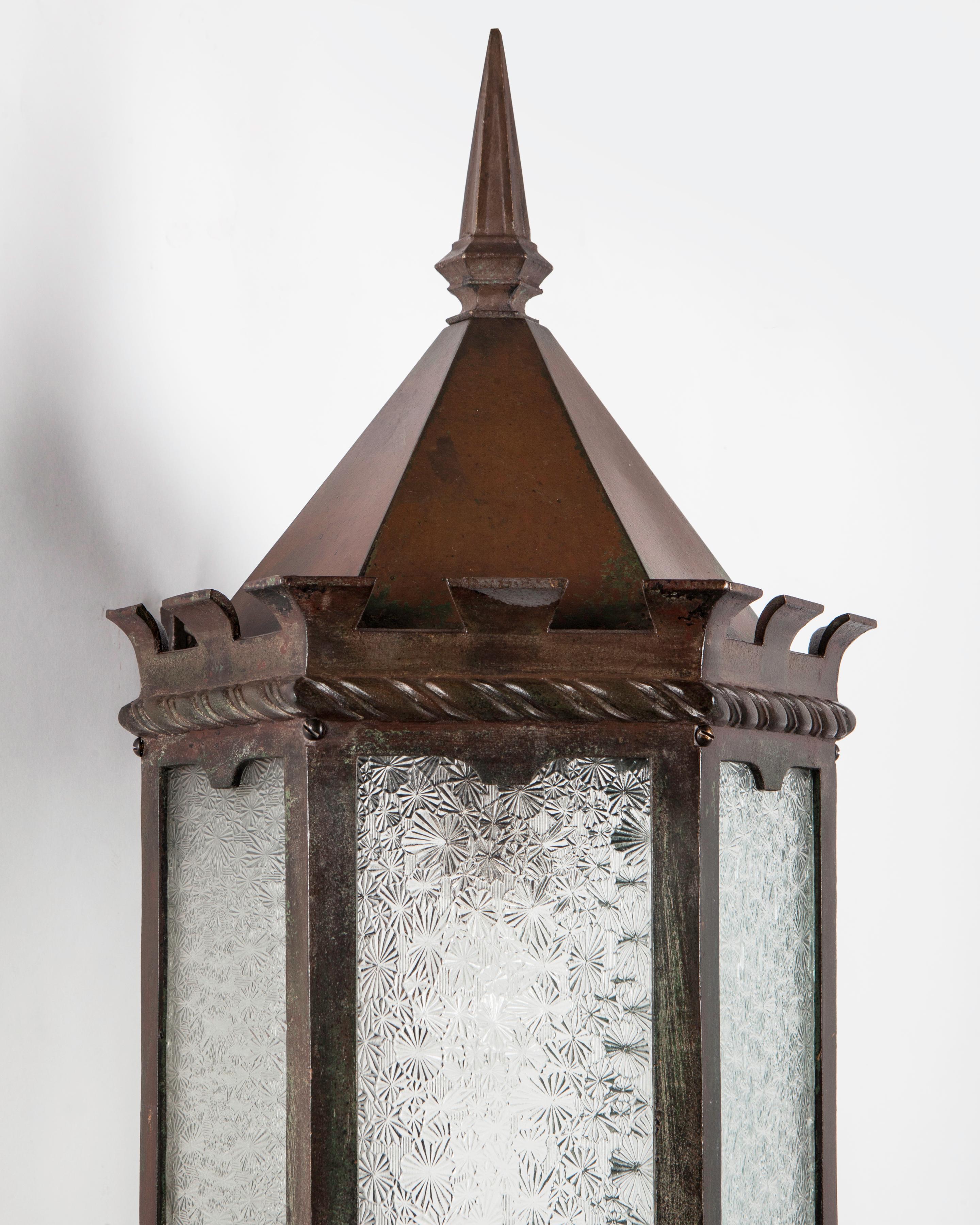 Arts and Crafts Vintage Hexagonal Bronze Exterior Wall Lanterns with Textured Glass, circa 1920 For Sale