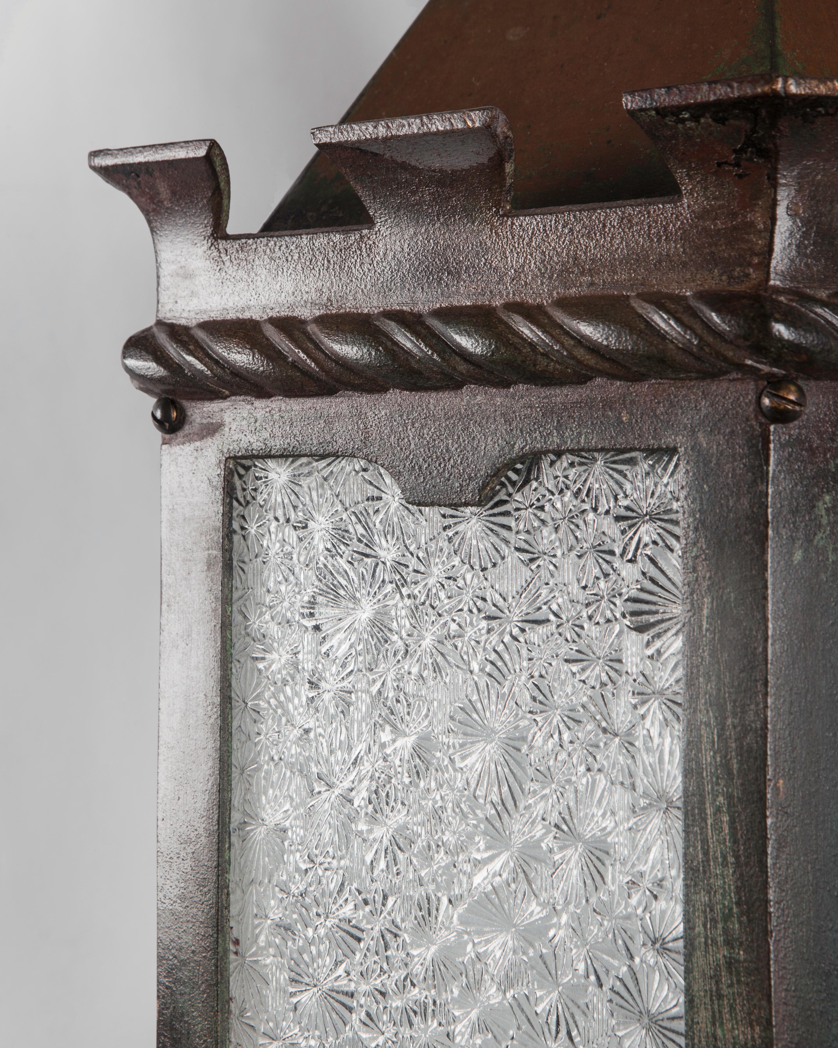 Patinated Vintage Hexagonal Bronze Exterior Wall Lanterns with Textured Glass, circa 1920 For Sale