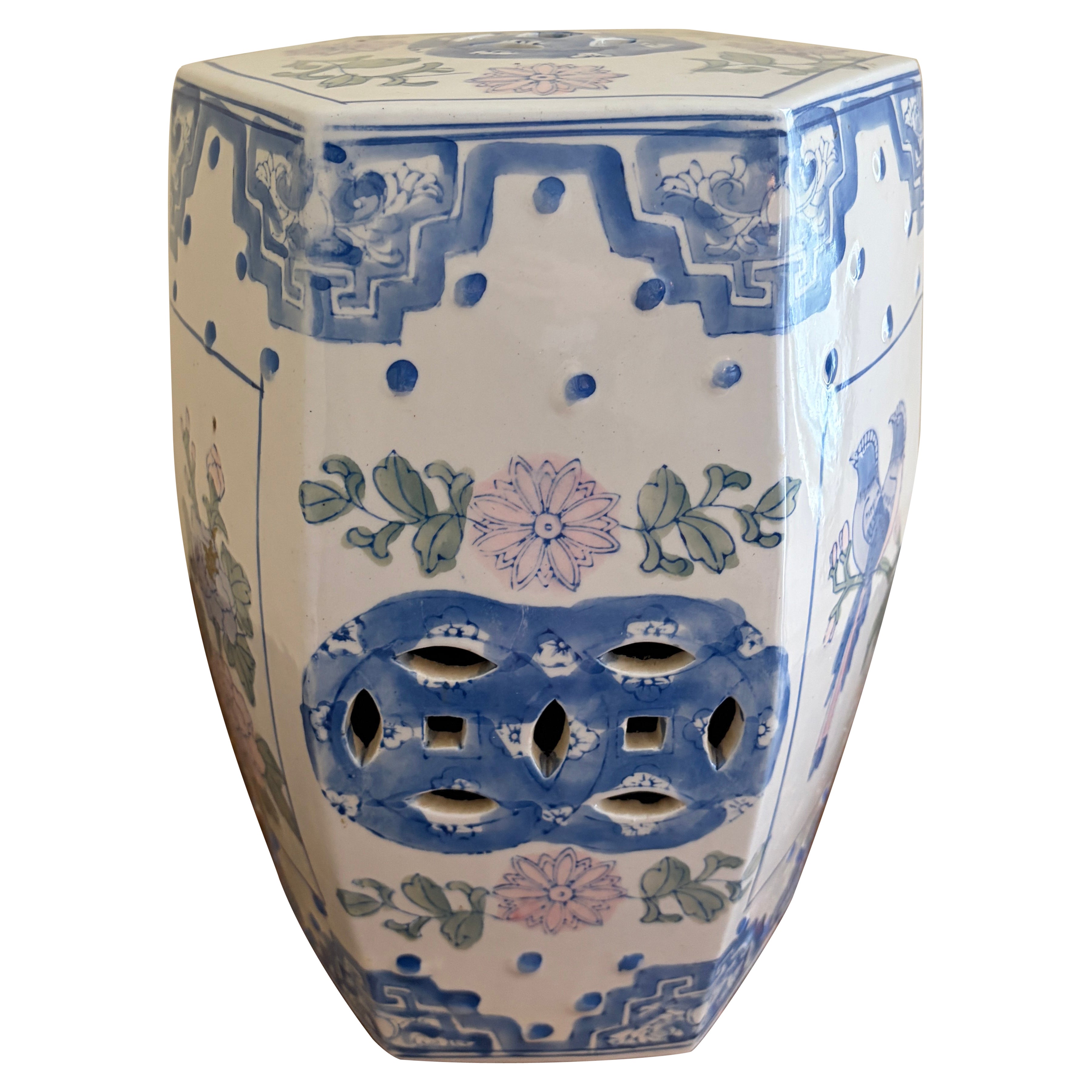 Tabouret de jardin ou table d
appoint en porcelaine hexagonale Chinoiserie Vintage