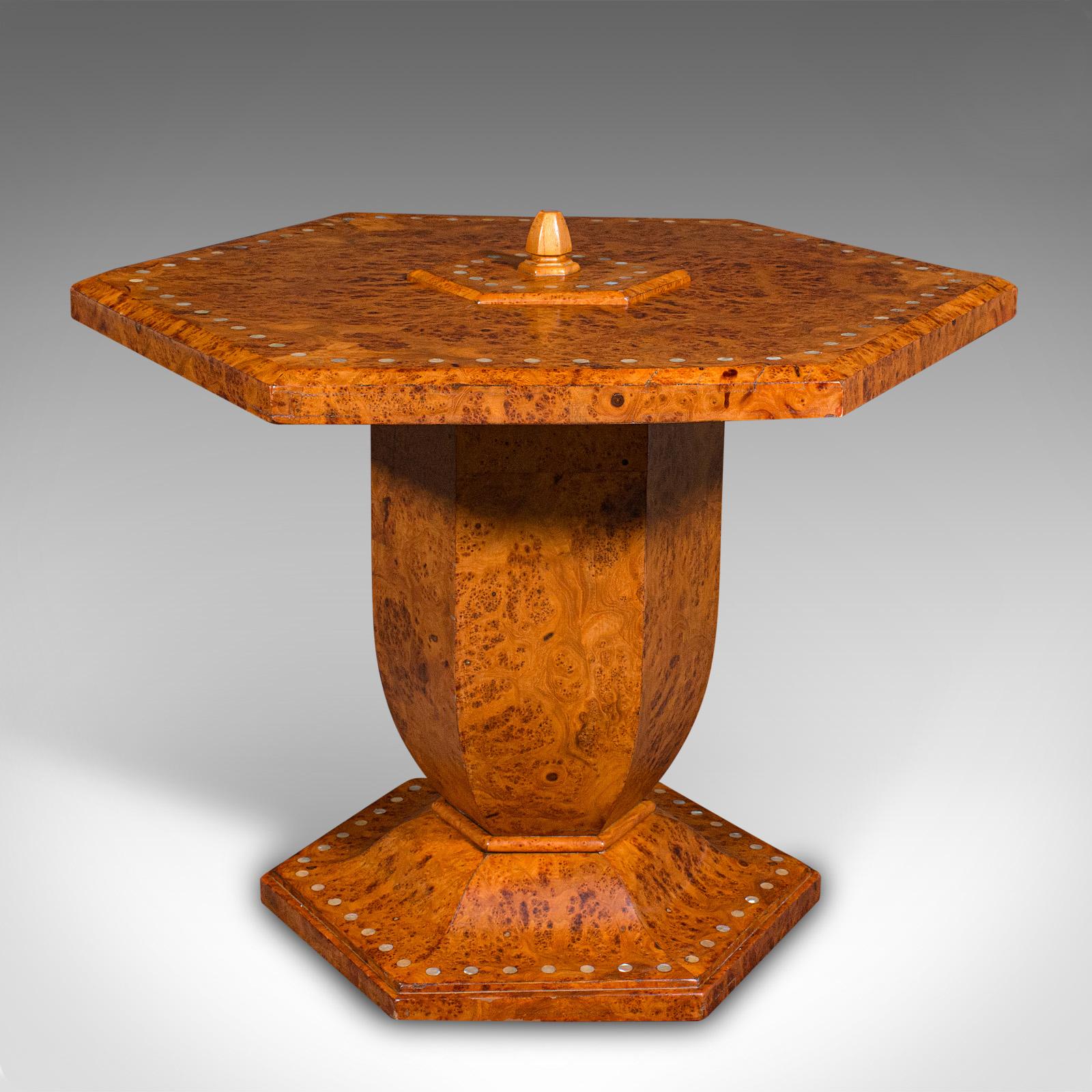 British Vintage Hexagonal Coffee Table, English, Burr Walnut, Centrepiece, Art Deco For Sale