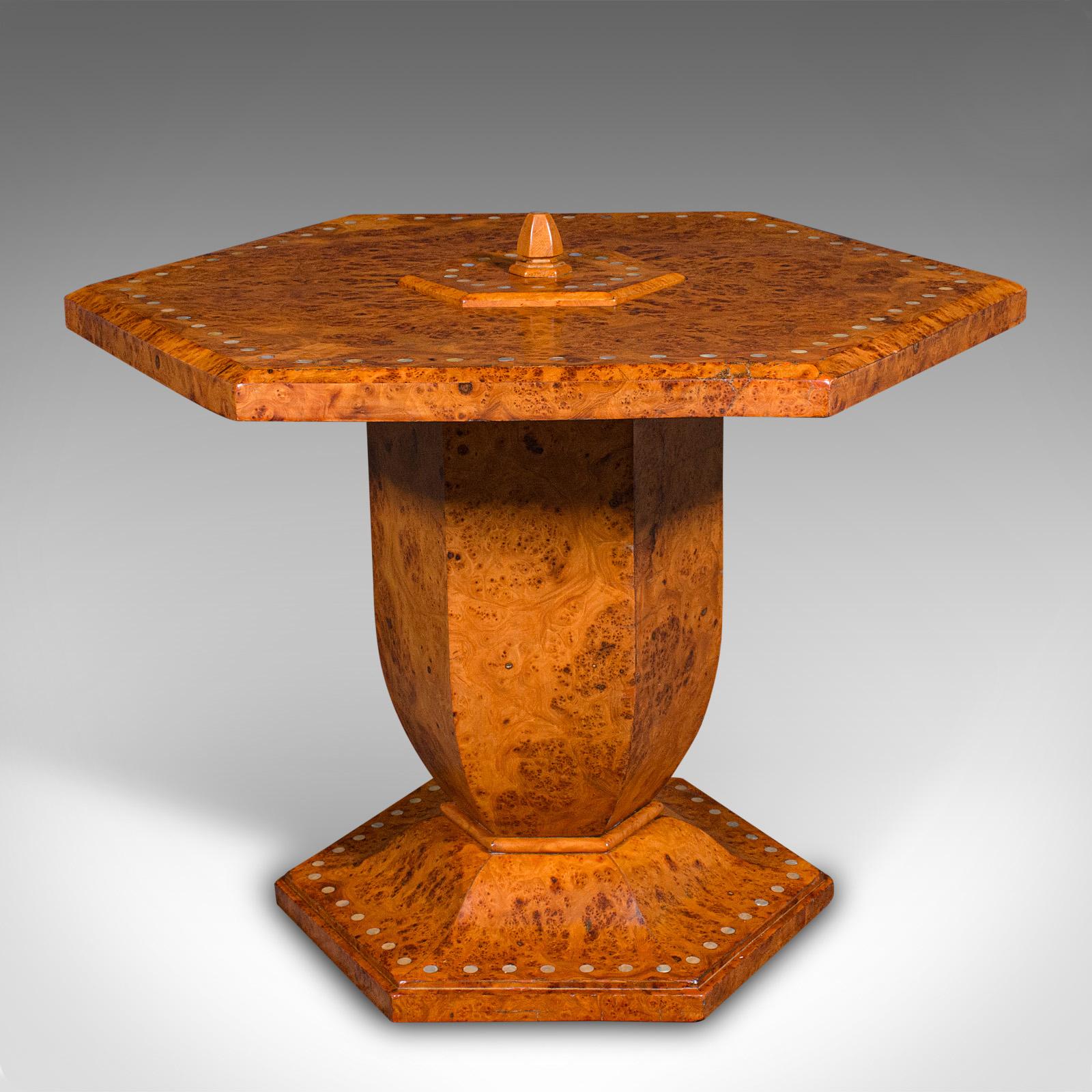 20th Century Vintage Hexagonal Coffee Table, English, Burr Walnut, Centrepiece, Art Deco For Sale