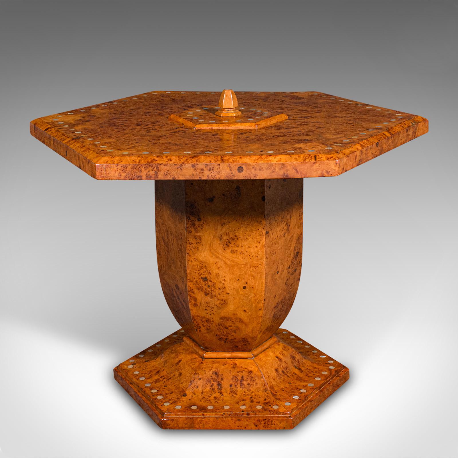 Oak Vintage Hexagonal Coffee Table, English, Burr Walnut, Centrepiece, Art Deco For Sale