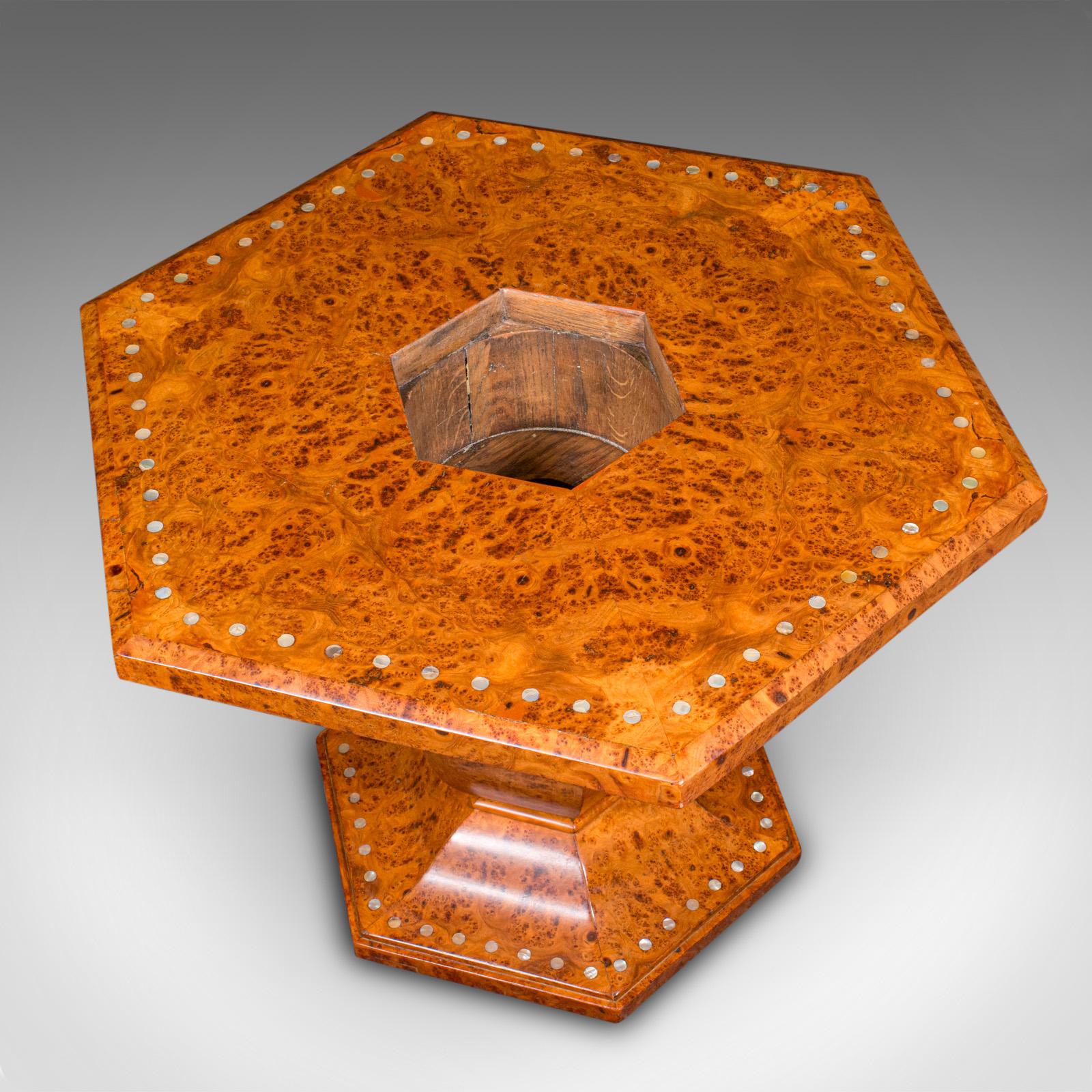 Vintage Hexagonal Coffee Table, English, Burr Walnut, Centrepiece, Art Deco For Sale 3