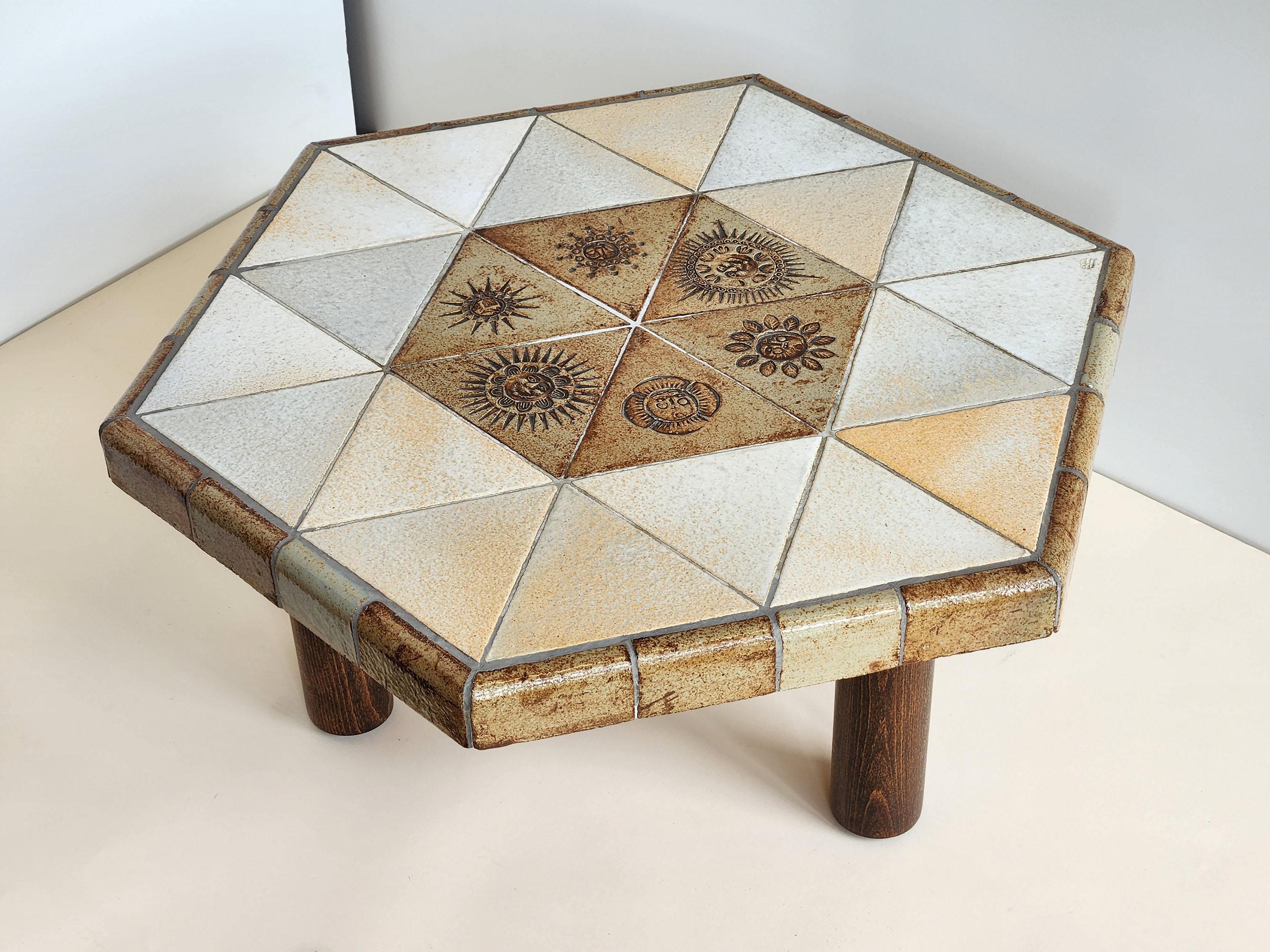 Hexagonal table with triangular ceramic tiles. 

Vallauris, France, 1970s.