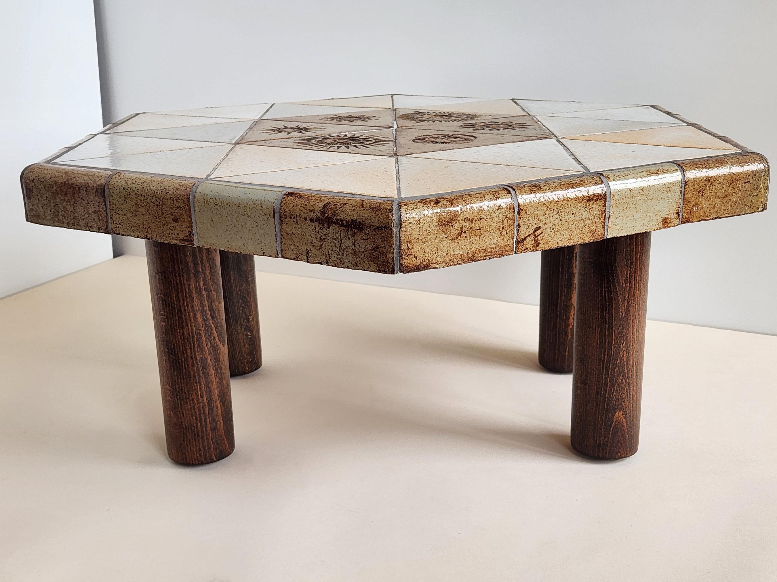 French Roger Capron - Vintage Hexagonal Coffee Table with Ceramic Tiles on Wood Legs 