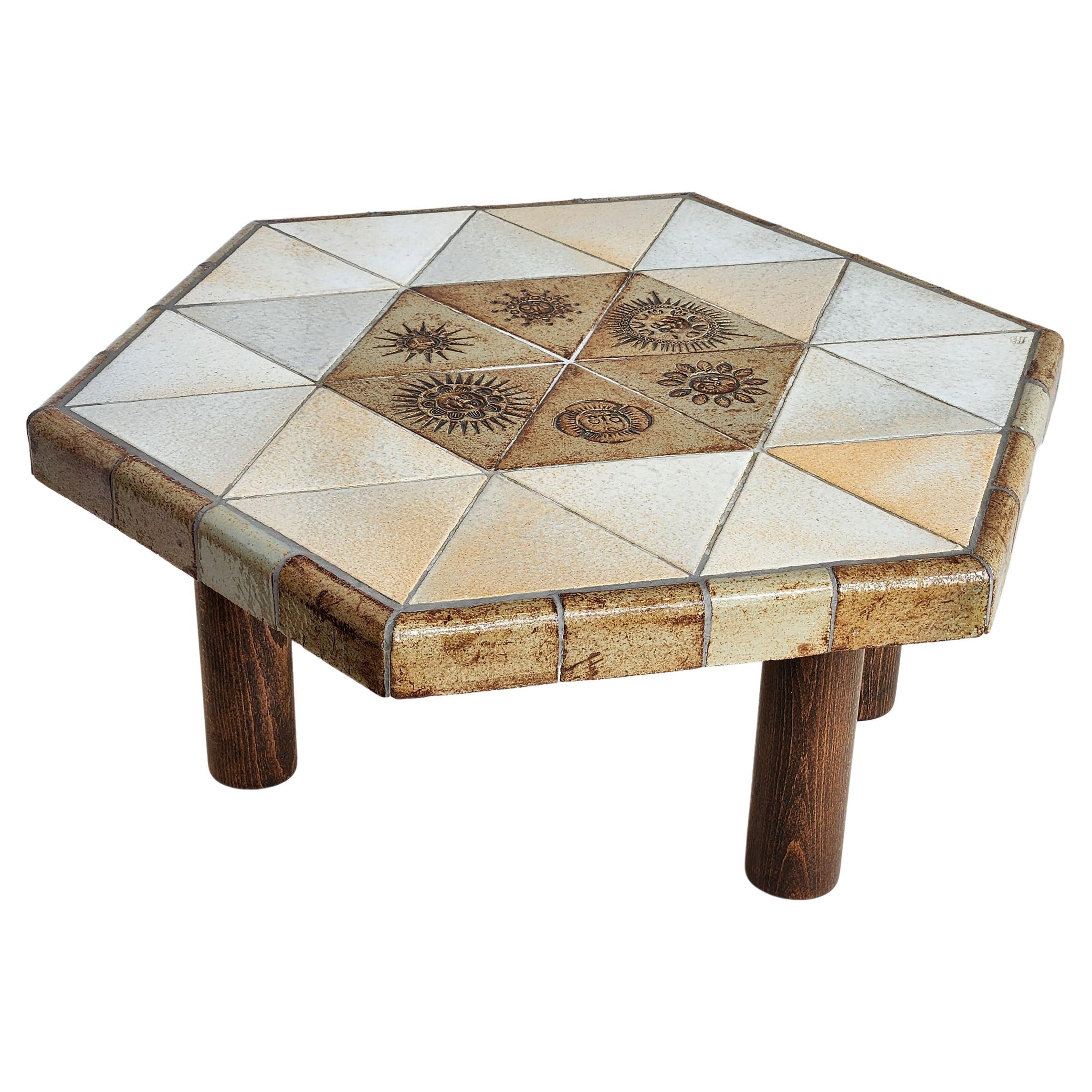Roger Capron - Vintage Hexagonal Coffee Table with Ceramic Tiles on Wood Legs 