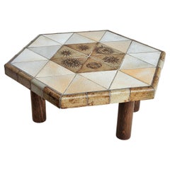 Vintage Hexagonal Coffee Table with Ceramic Tiles on Wood Legs by Roger Capron