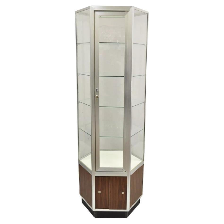 Vintage Hexagonal Modern Glass Retail Jewelry Tall Display Case Stand Showcase