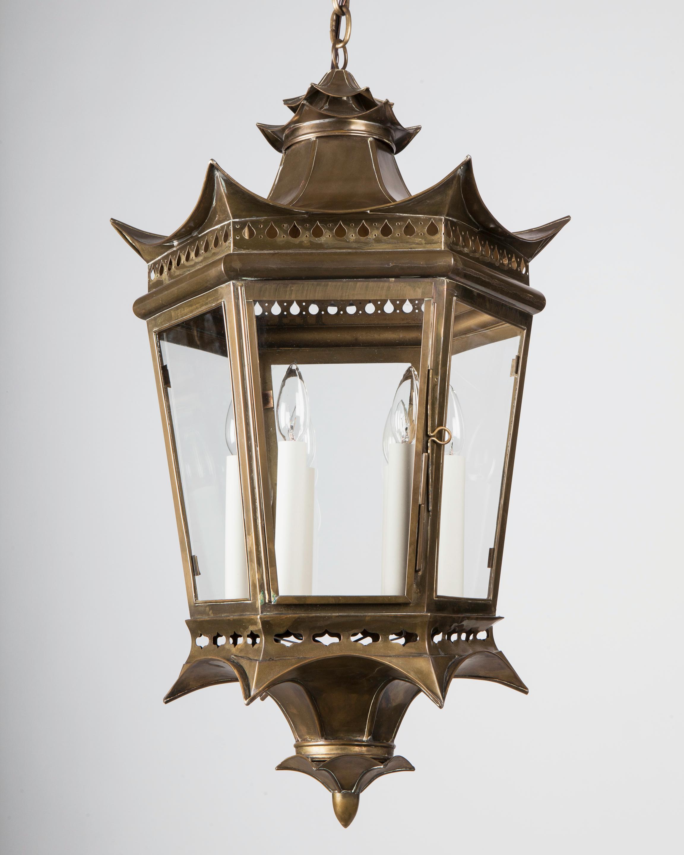 Chinoiserie Vintage Hexagonal Pagoda Form Brass Lantern with Pierced Details, Circa 1940s For Sale
