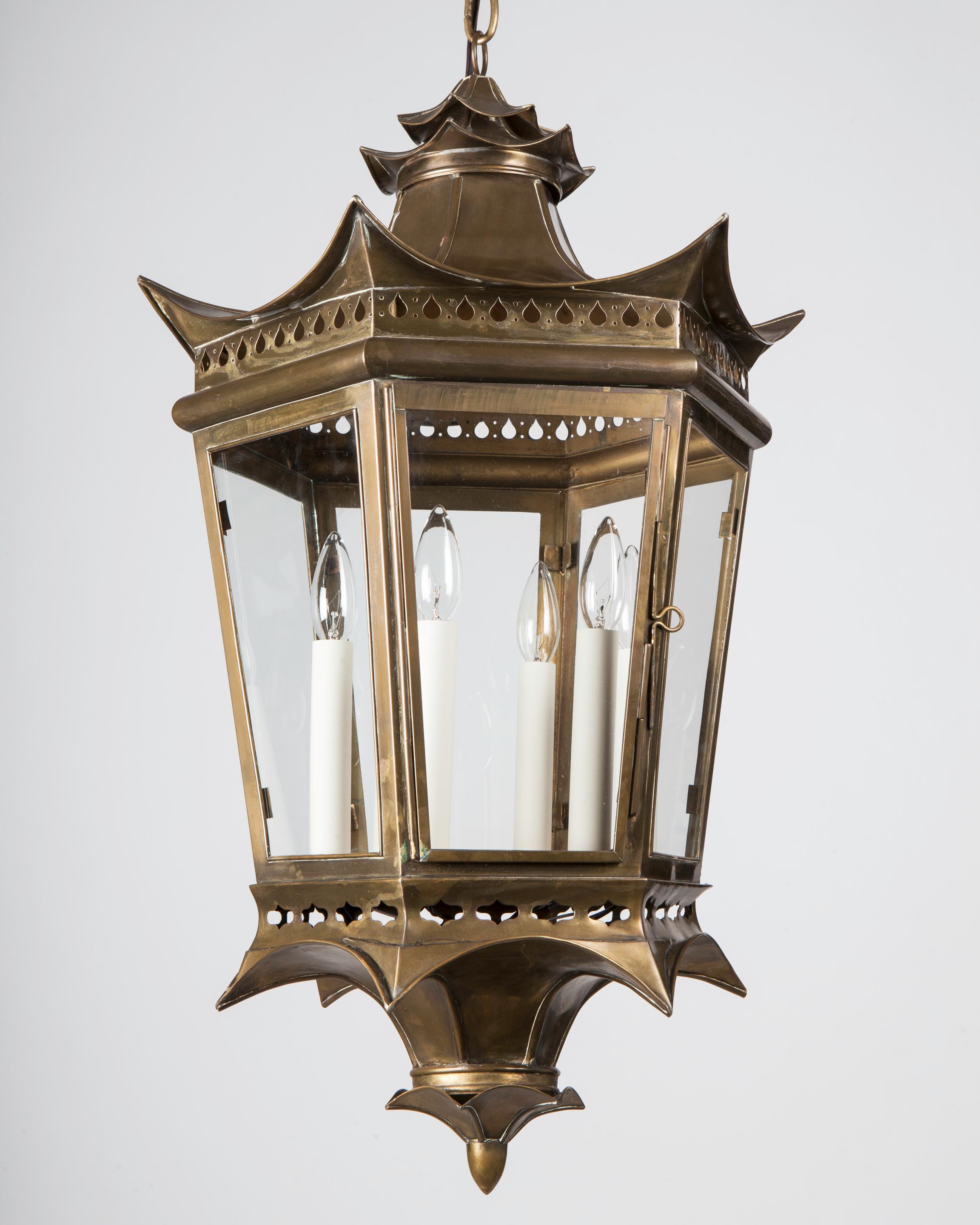 Unknown Vintage Hexagonal Pagoda Form Brass Lantern with Pierced Details, Circa 1940s For Sale