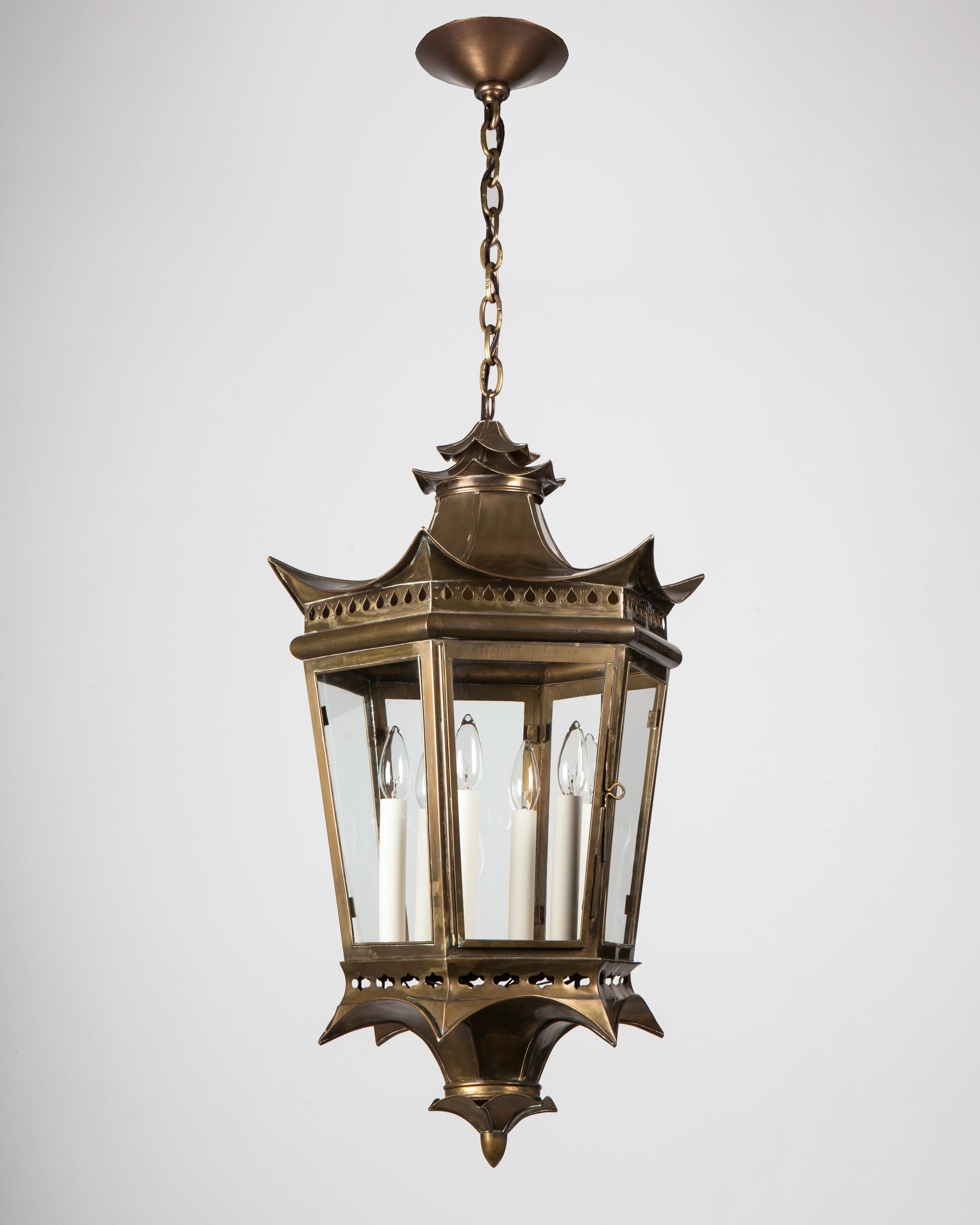 Patinated Vintage Hexagonal Pagoda Form Brass Lantern with Pierced Details, Circa 1940s For Sale