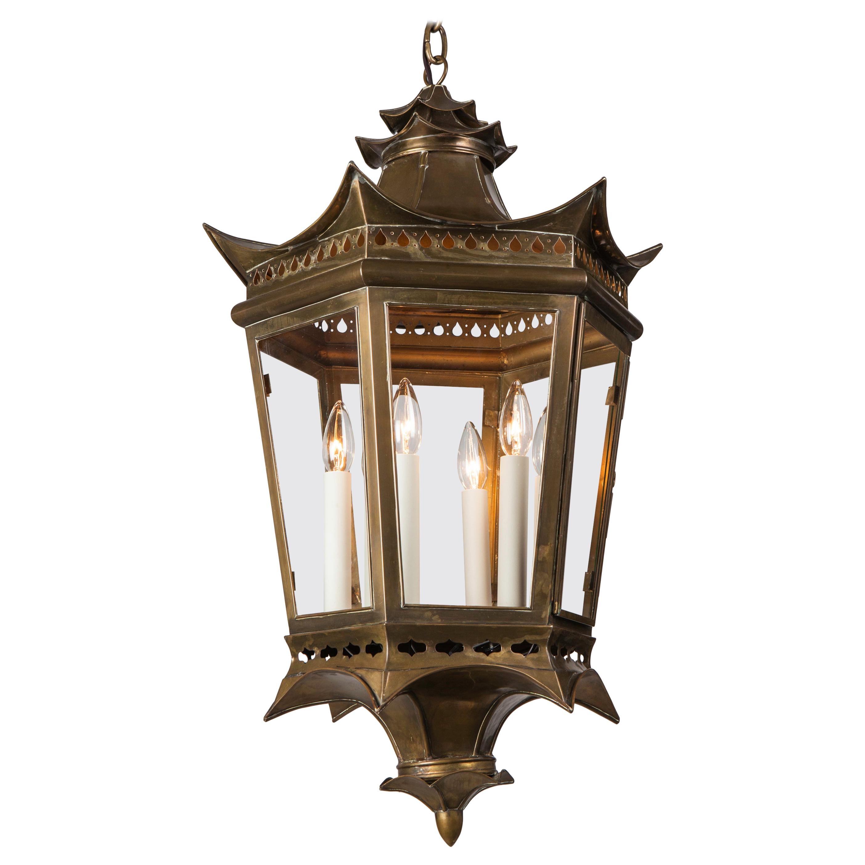 Vintage Hexagonal Pagoda Form Brass Lantern with Pierced Details, Circa 1940s