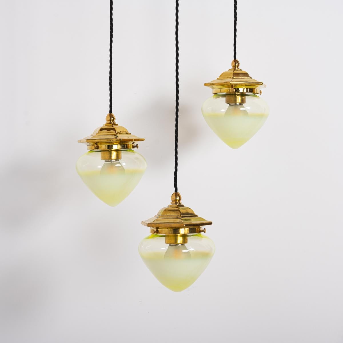 Vintage Hexagonal Polished Brass Pendant Lights with Vaseline Glass Shades For Sale 3