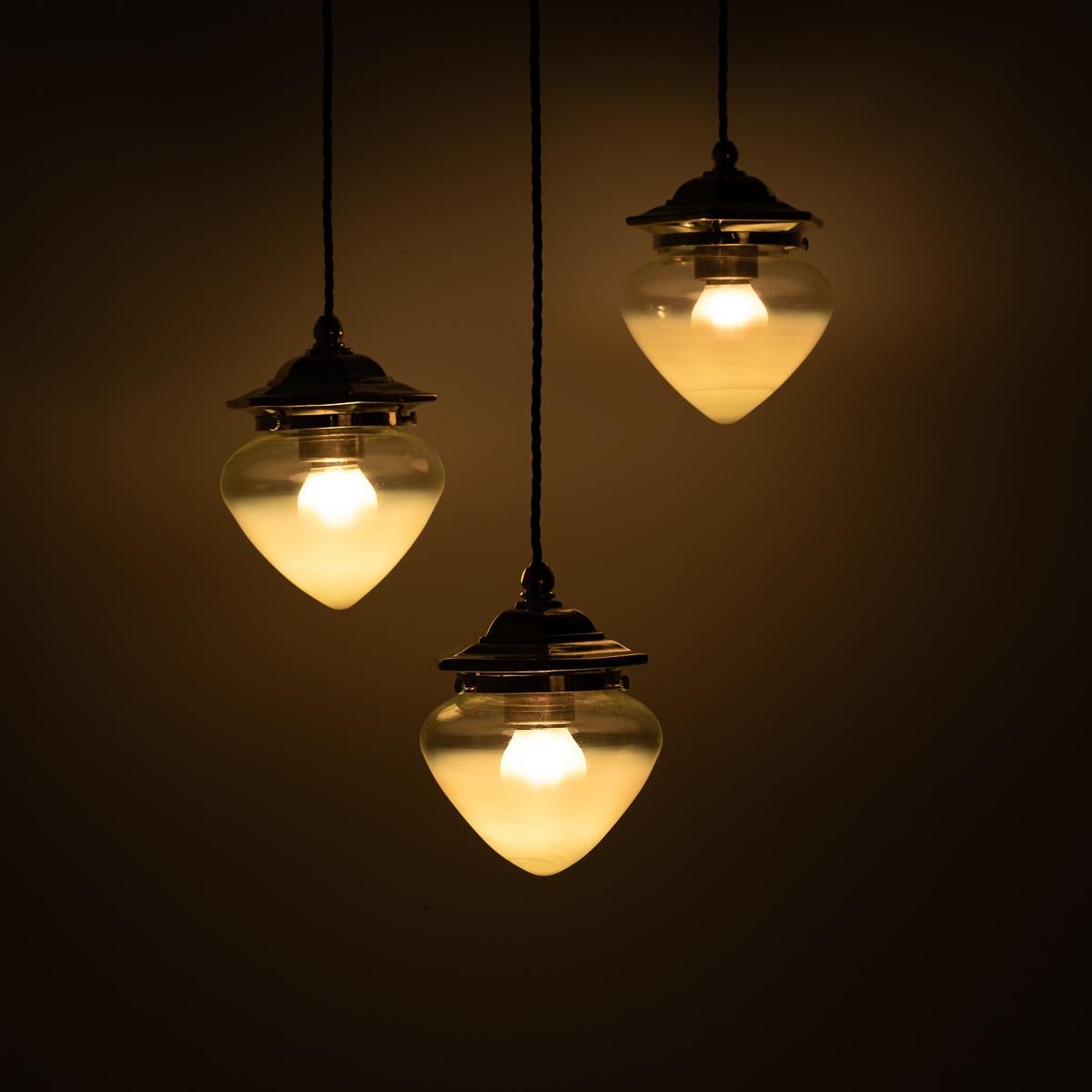 Vintage Hexagonal Polished Brass Pendant Lights with Vaseline Glass Shades For Sale 4