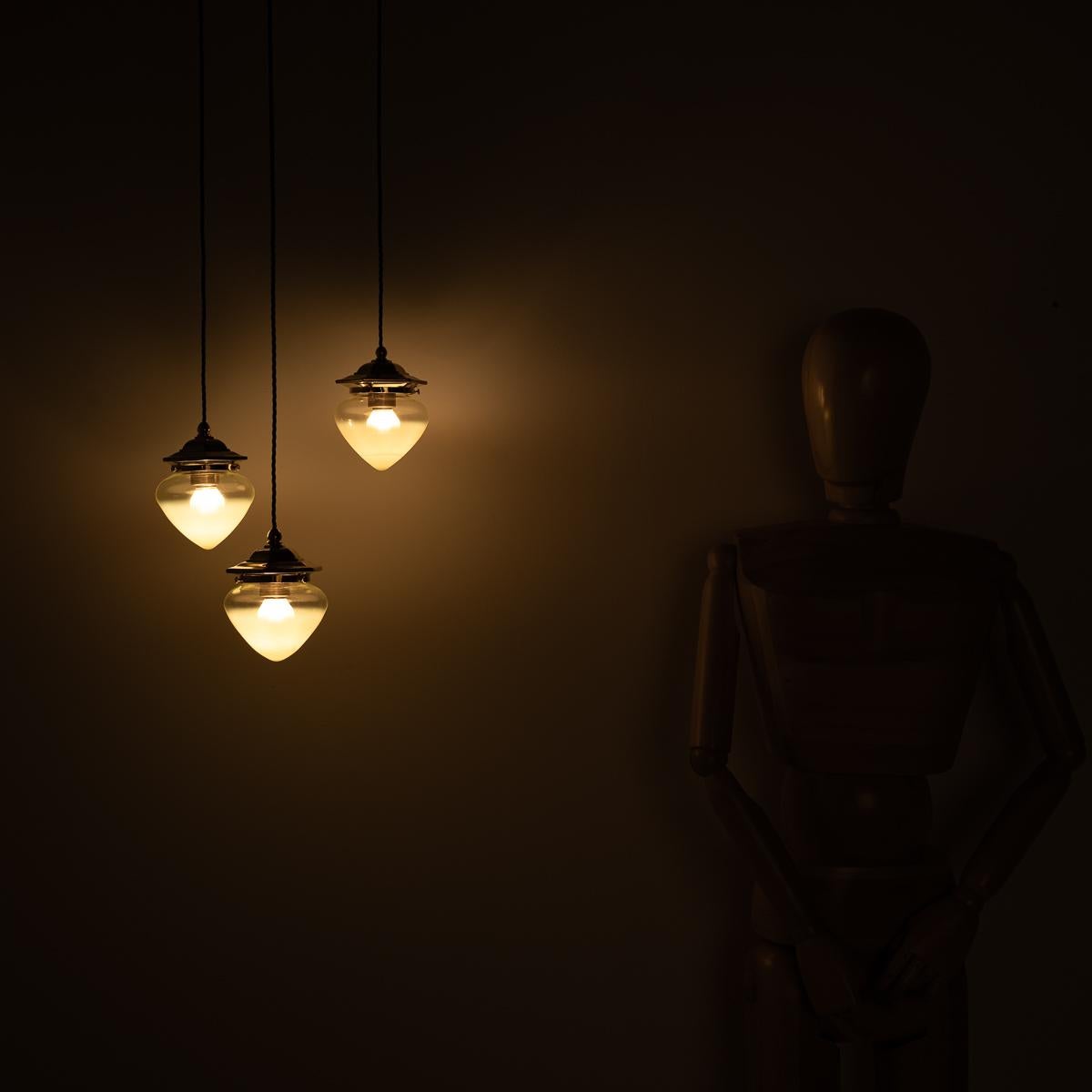 Vintage Hexagonal Polished Brass Pendant Lights with Vaseline Glass Shades For Sale 5