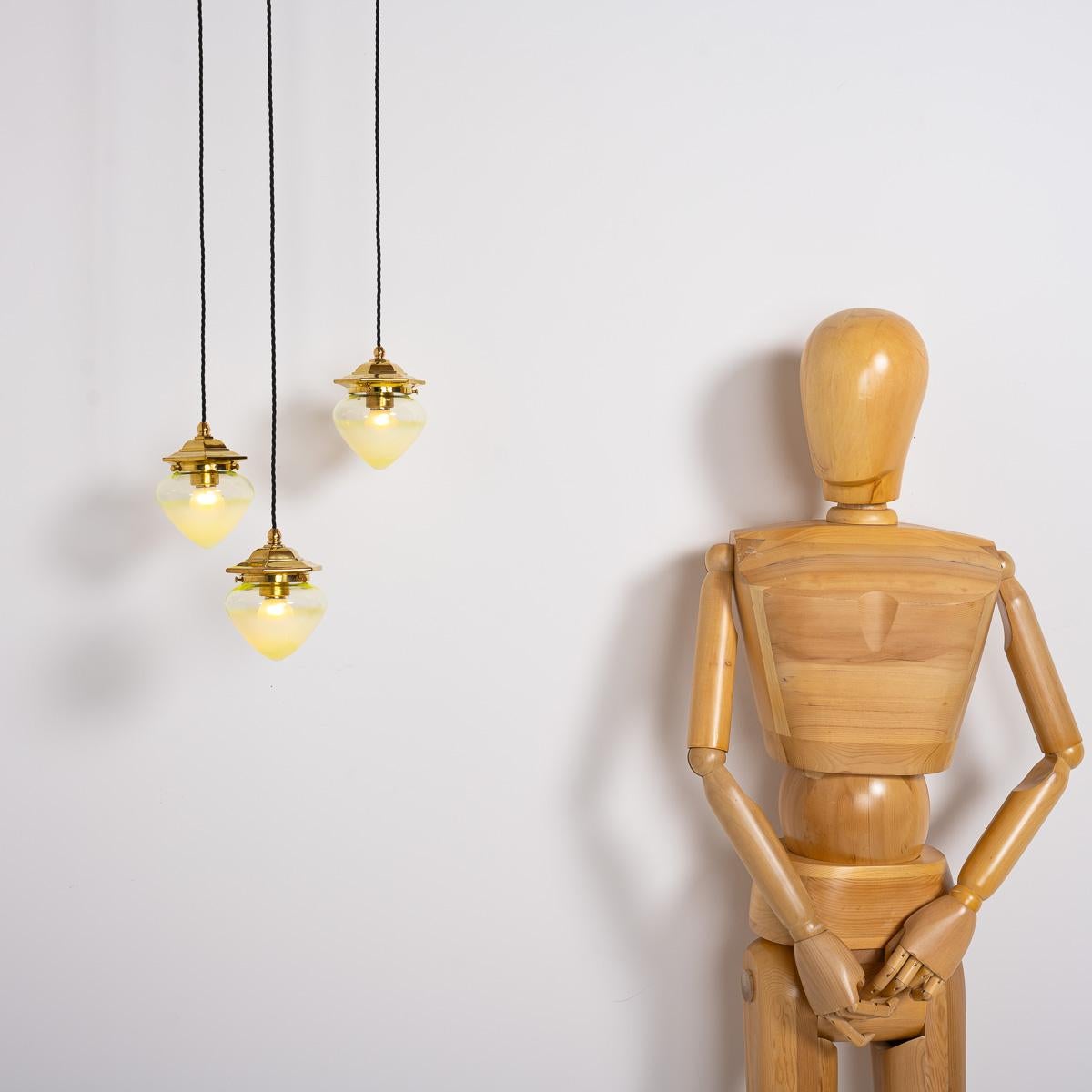 Vintage Hexagonal Polished Brass Pendant Lights with Vaseline Glass Shades For Sale 6