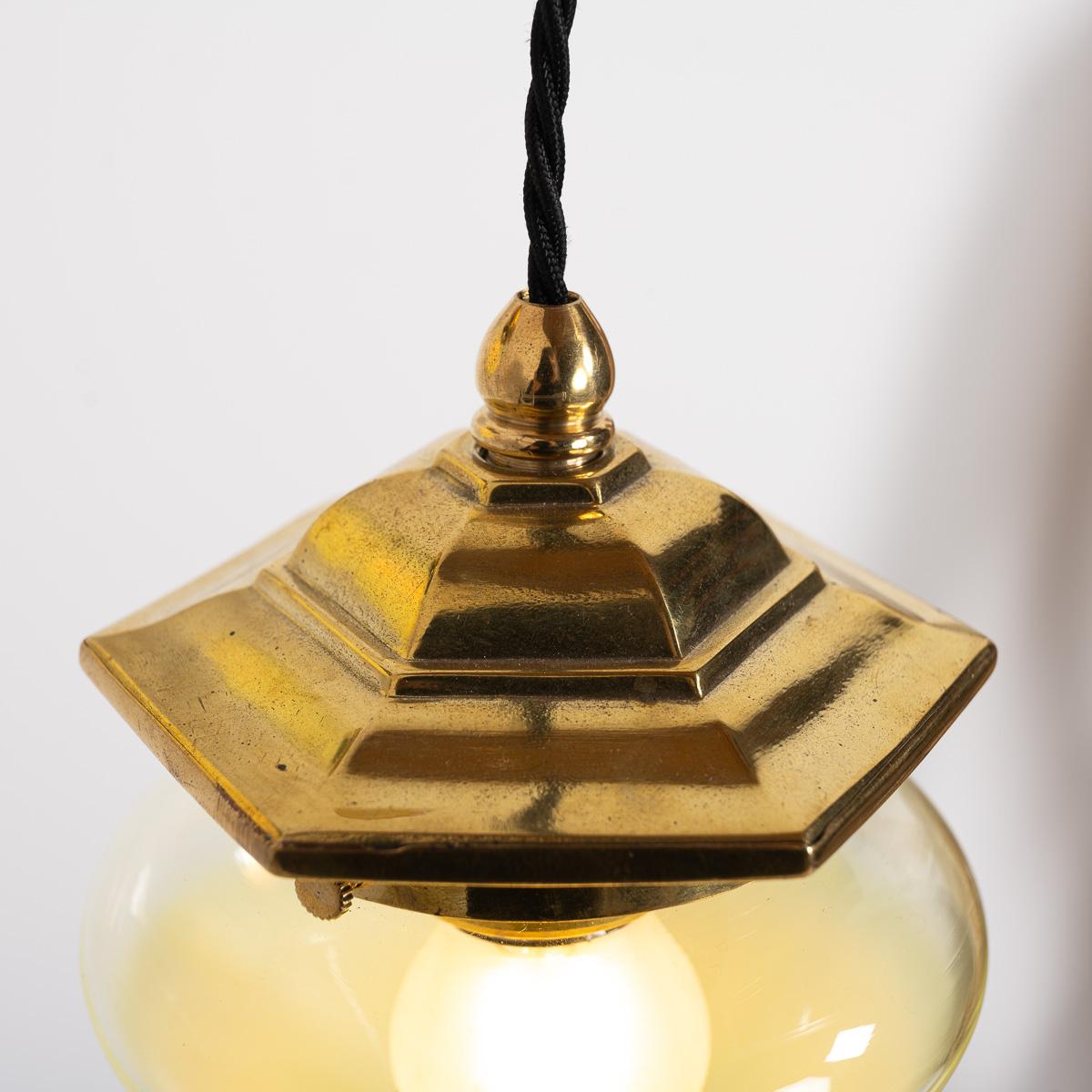 Vintage Hexagonal Polished Brass Pendant Lights with Vaseline Glass Shades For Sale 7