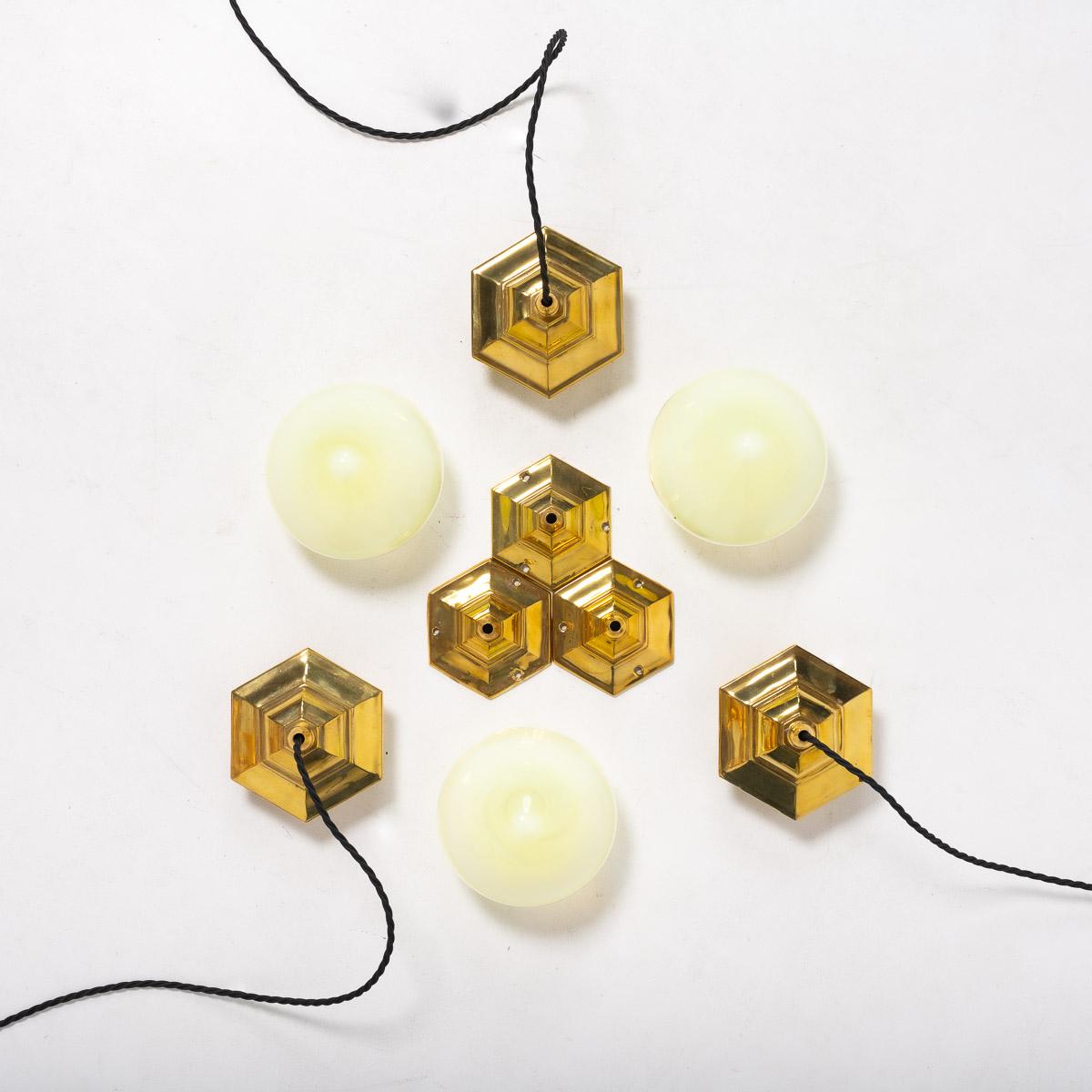 Vintage Hexagonal Polished Brass Pendant Lights with Vaseline Glass Shades For Sale 9