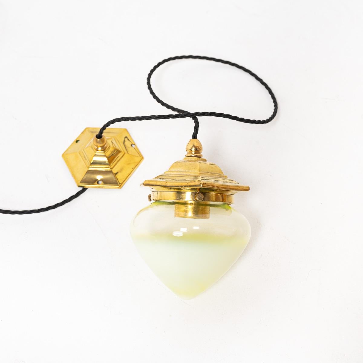 Vintage Hexagonal Polished Brass Pendant Lights with Vaseline Glass Shades For Sale 11