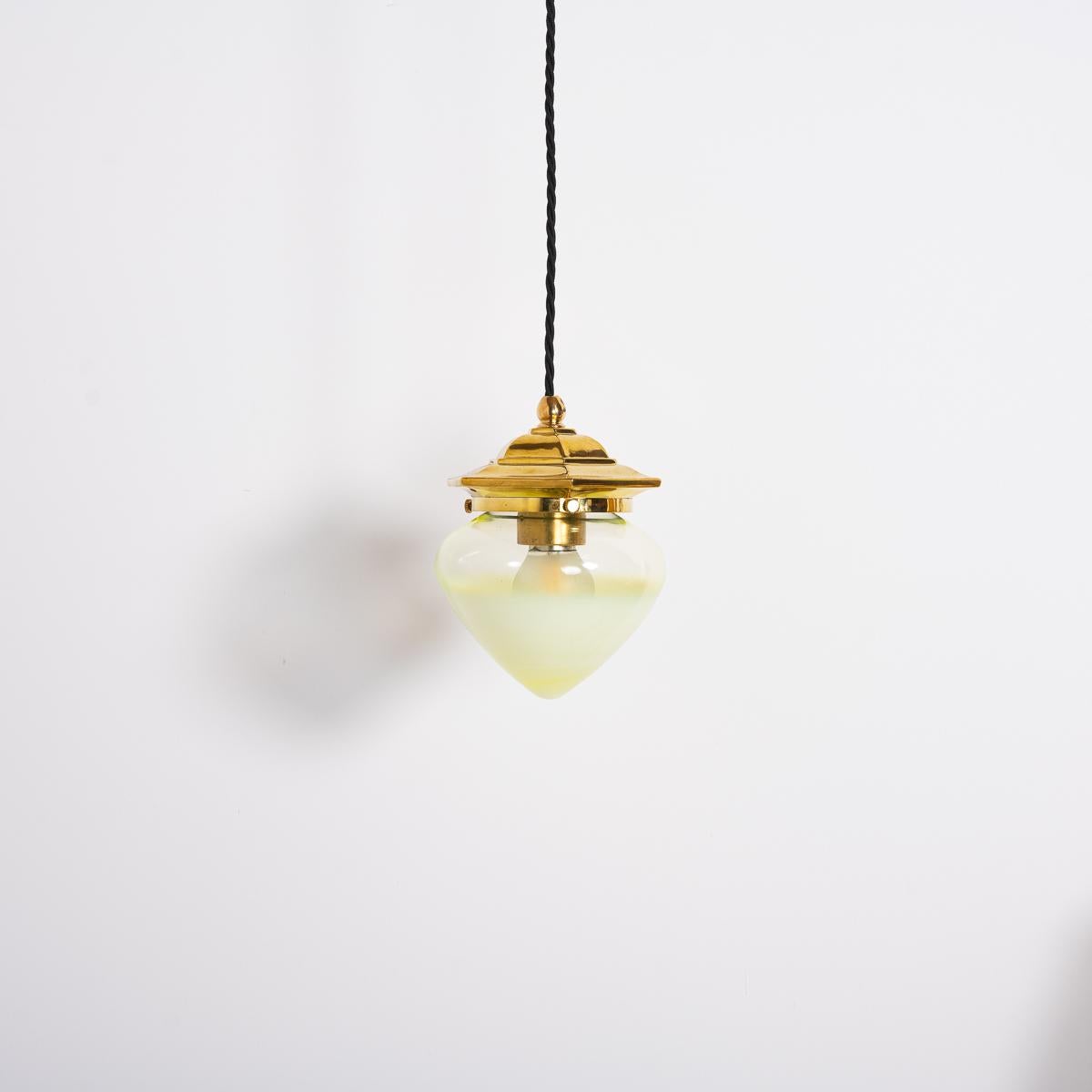 Art Nouveau Vintage Hexagonal Polished Brass Pendant Lights with Vaseline Glass Shades For Sale
