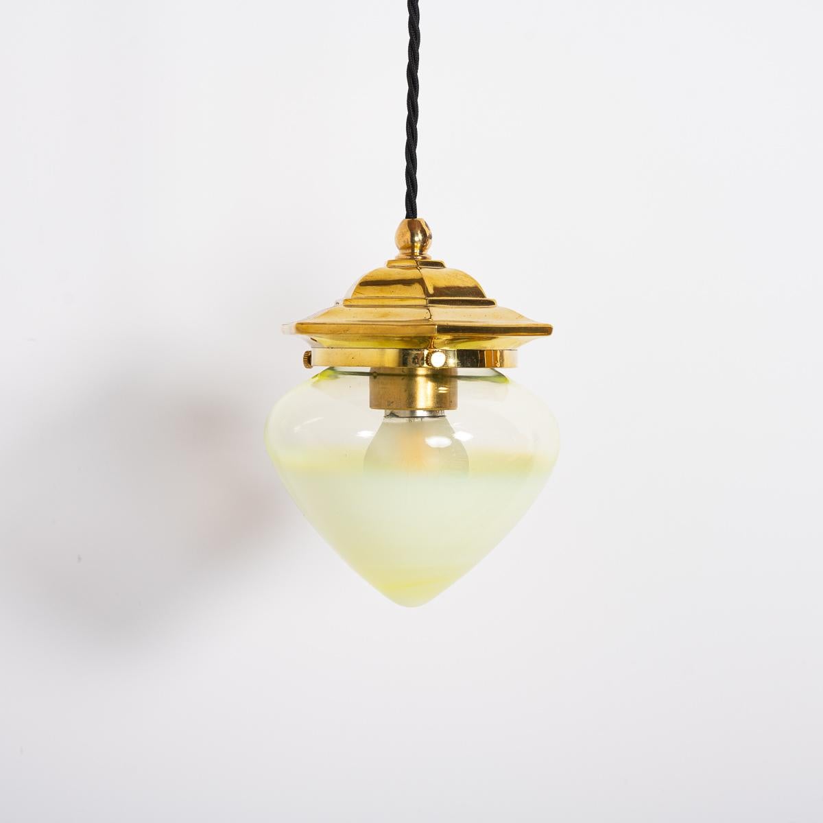 English Vintage Hexagonal Polished Brass Pendant Lights with Vaseline Glass Shades For Sale