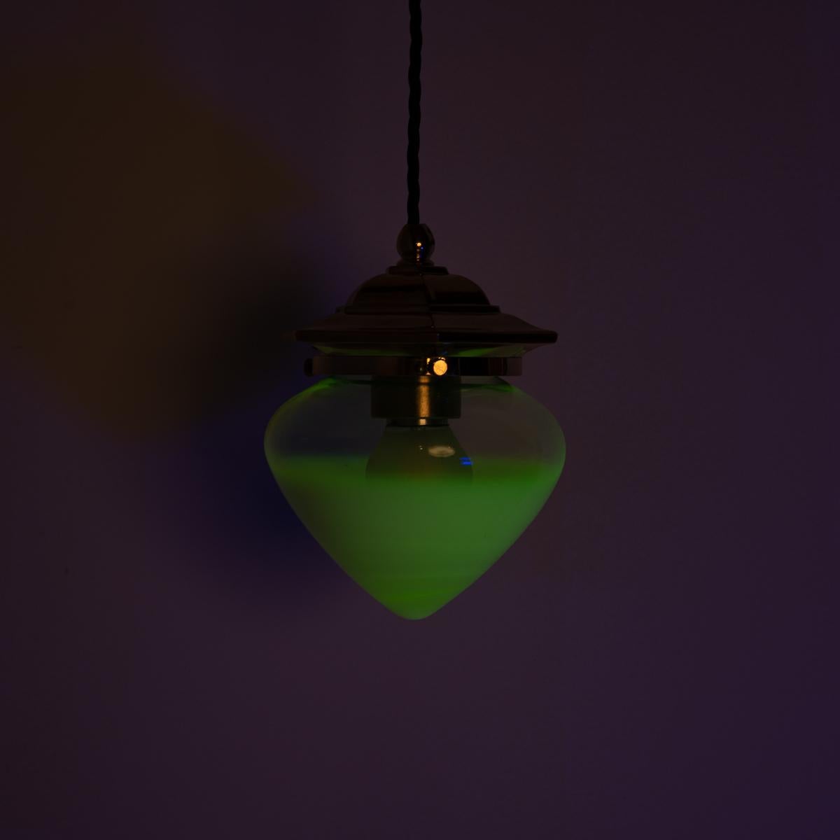 Hand-Crafted Vintage Hexagonal Polished Brass Pendant Lights with Vaseline Glass Shades For Sale