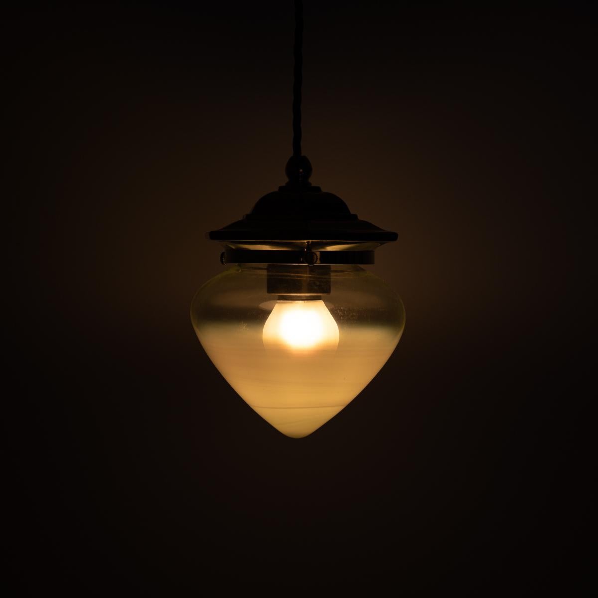 Vintage Hexagonal Polished Brass Pendant Lights with Vaseline Glass Shades In Good Condition For Sale In Nottingham, GB