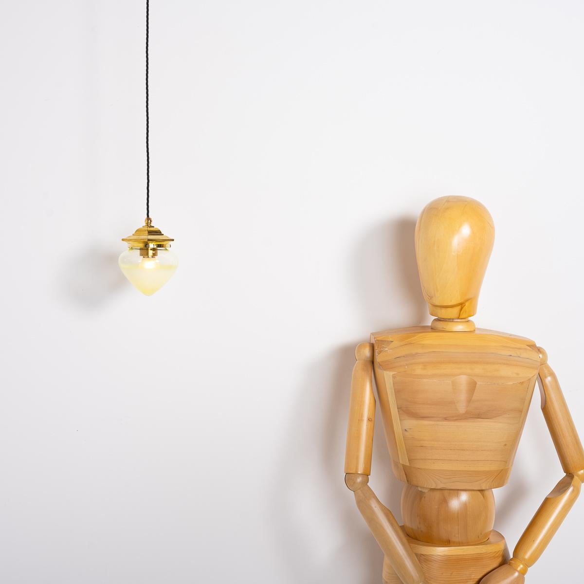 Vintage Hexagonal Polished Brass Pendant Lights with Vaseline Glass Shades For Sale 1