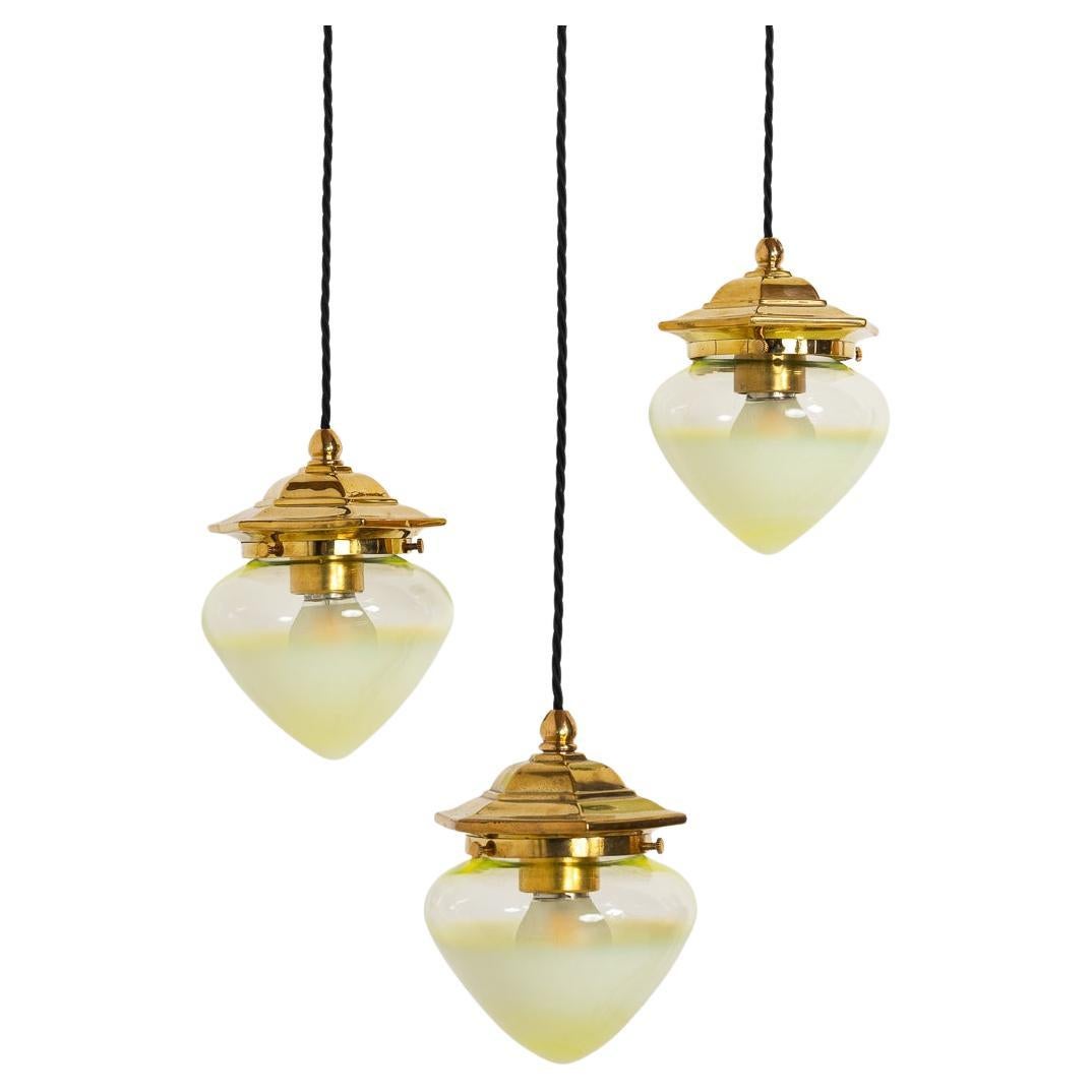 Vintage Hexagonal Polished Brass Pendant Lights with Vaseline Glass Shades For Sale