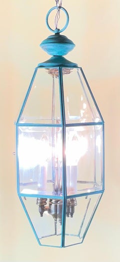 Vintage Hexagonal Solid Brass Hanging Lantern / Foyer Pendant Light 24”H x 10” W