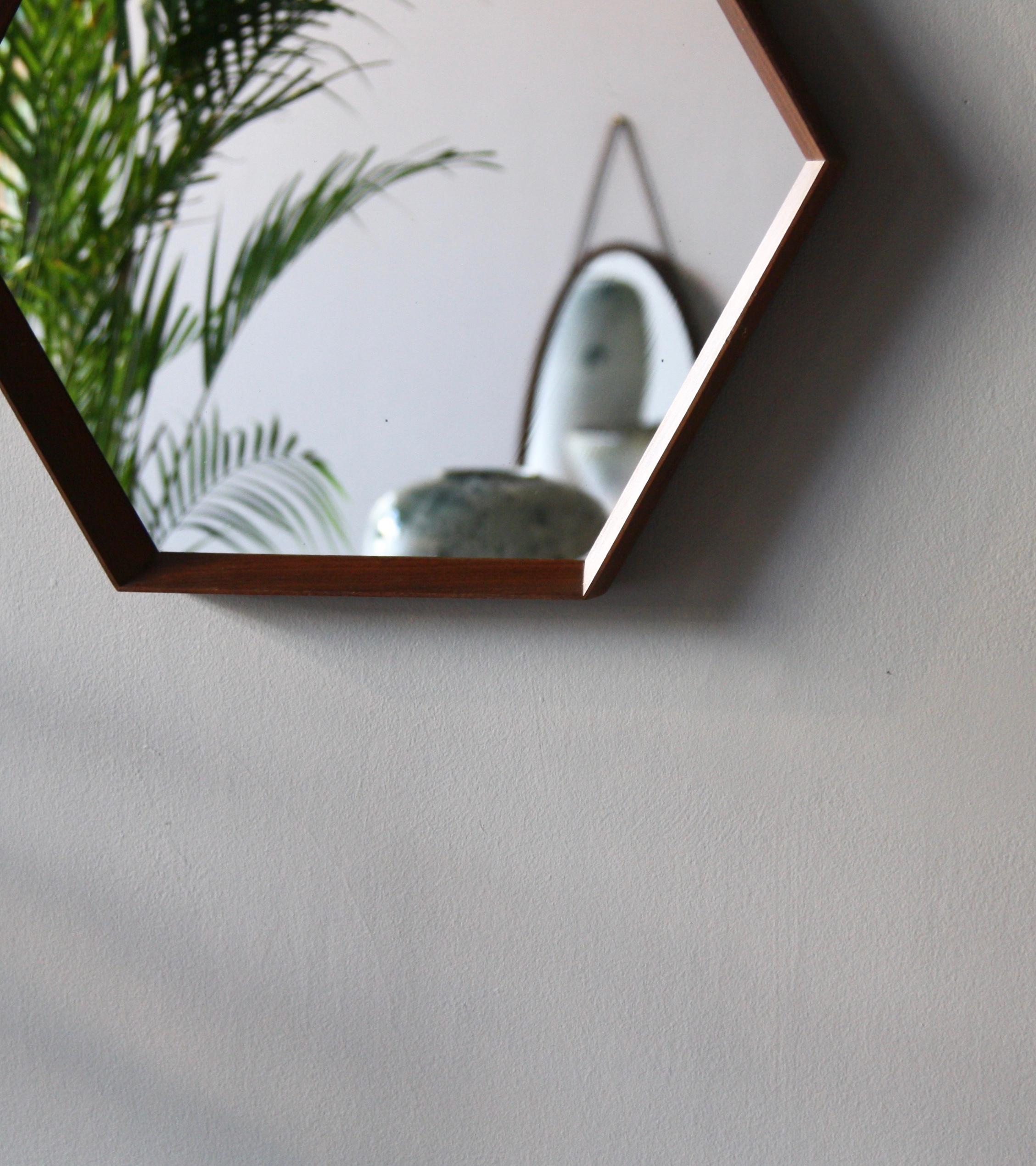 Vintage Hexagonal Teak Wall Mirror with String Hanging Strap Made in Denmark 4