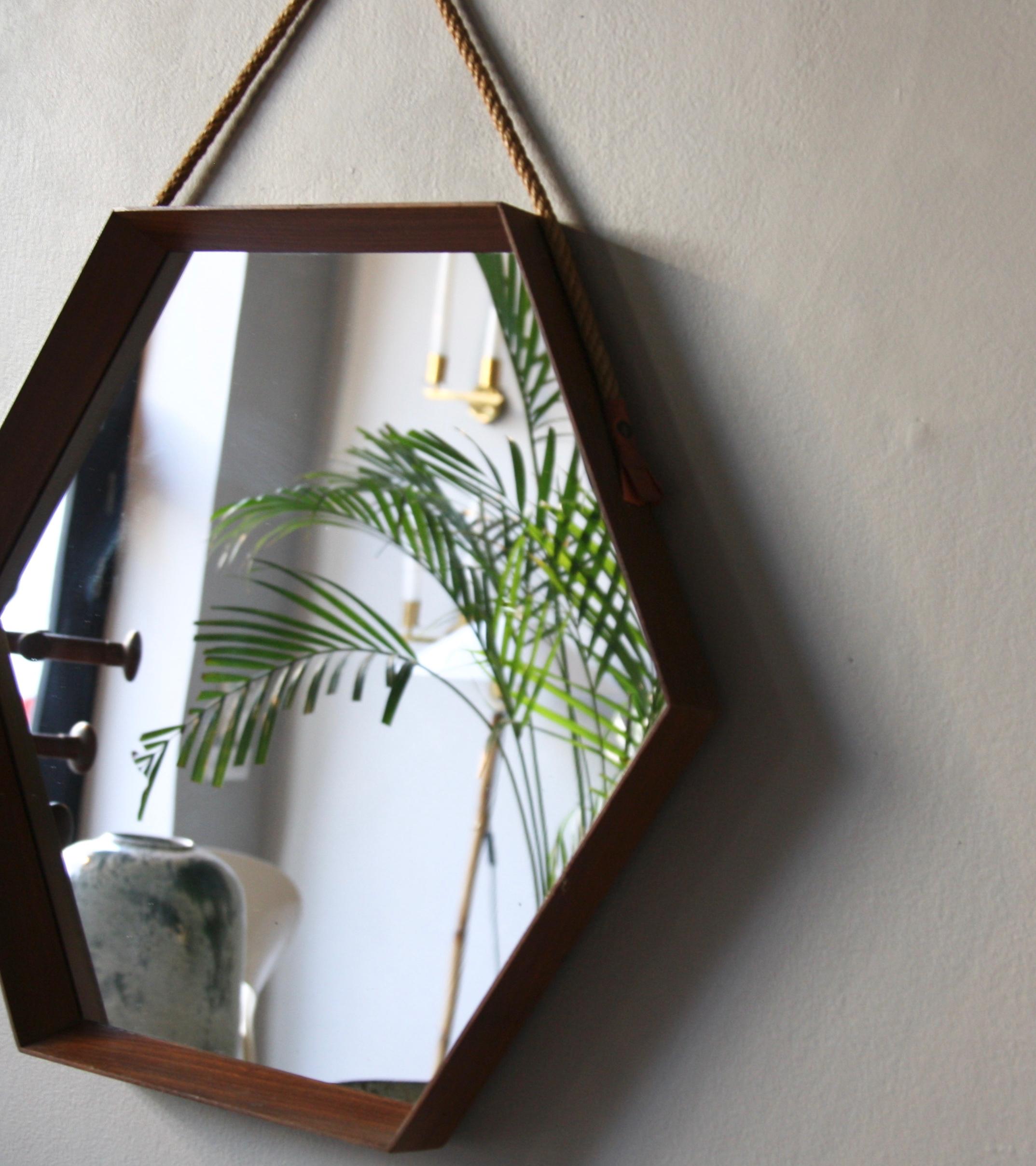 Vintage Hexagonal Teak Wall Mirror with String Hanging Strap Made in Denmark 5