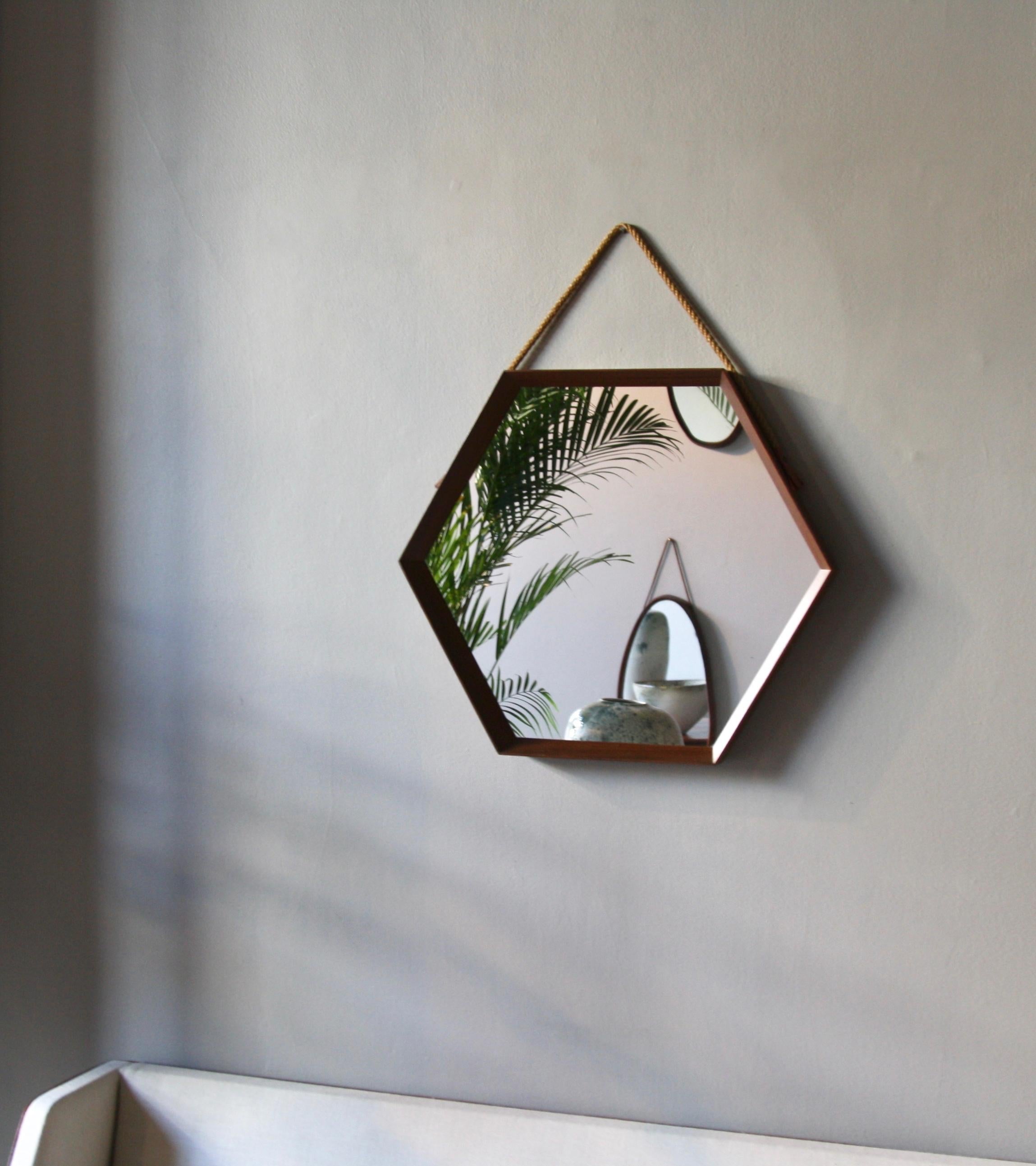 Vintage Hexagonal Teak Wall Mirror with String Hanging Strap Made in Denmark 6