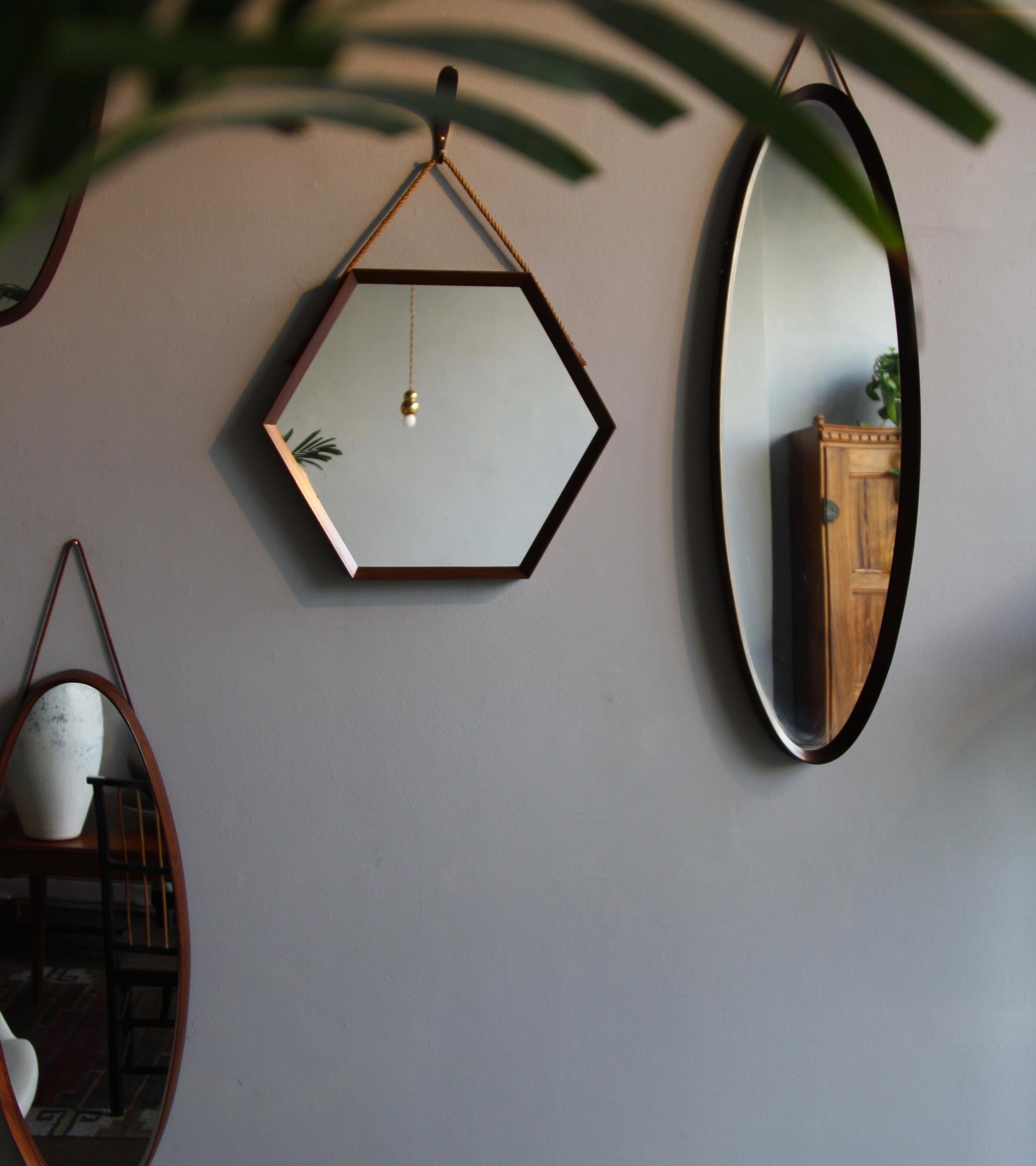 Mid-Century Modern Vintage Hexagonal Teak Wall Mirror with String Hanging Strap Made in Denmark