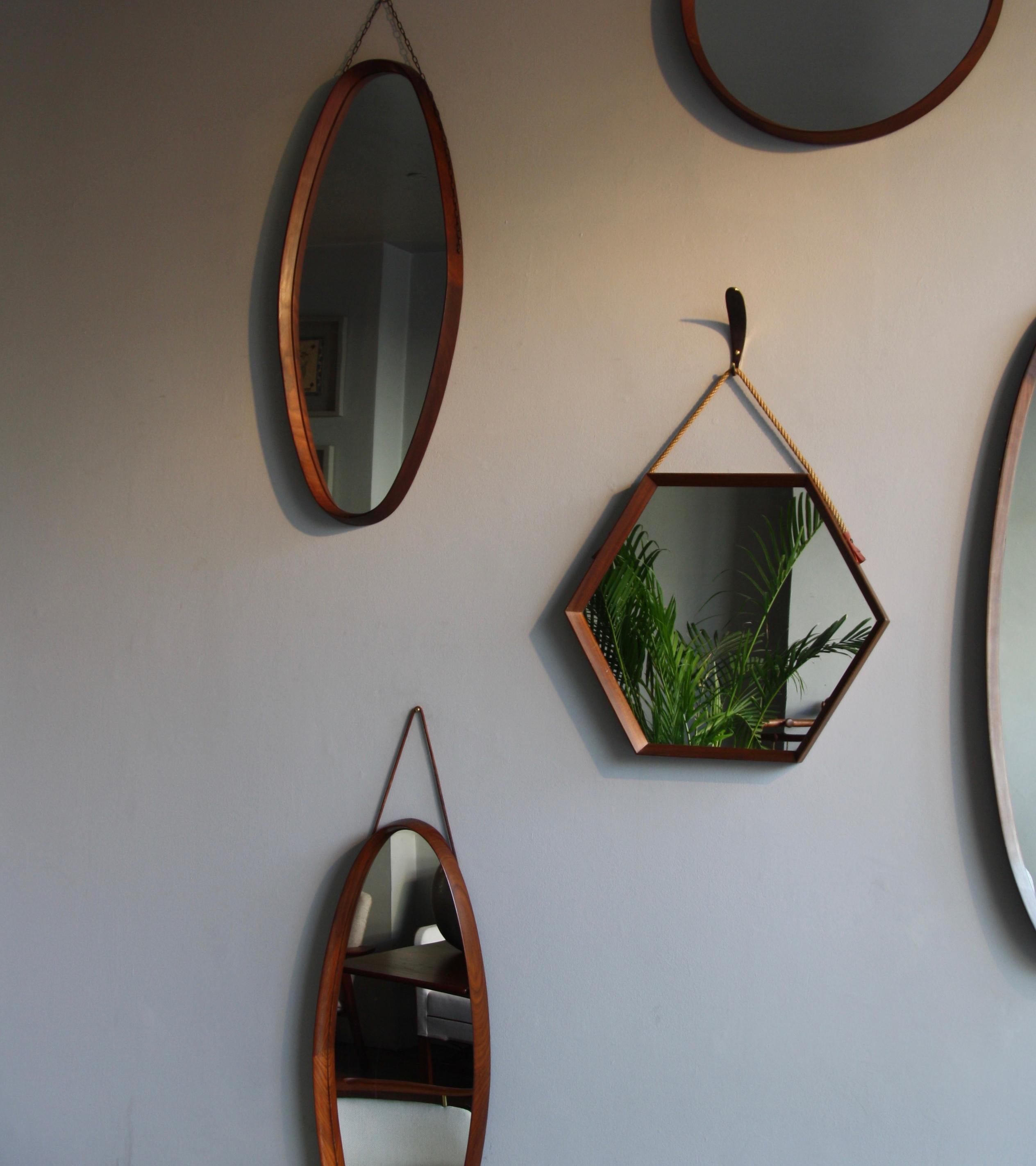 20th Century Vintage Hexagonal Teak Wall Mirror with String Hanging Strap Made in Denmark