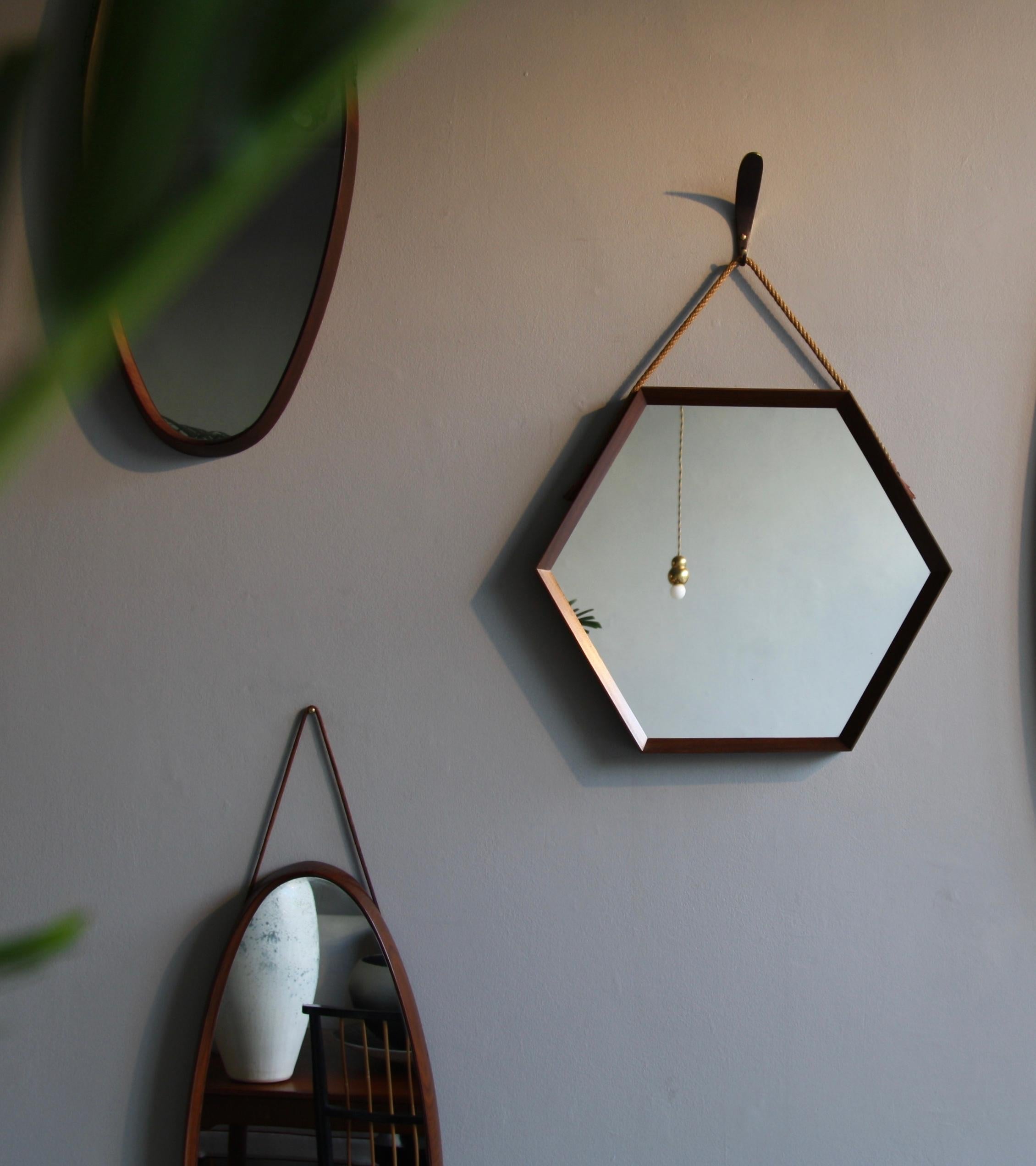 Vintage Hexagonal Teak Wall Mirror with String Hanging Strap Made in Denmark 1