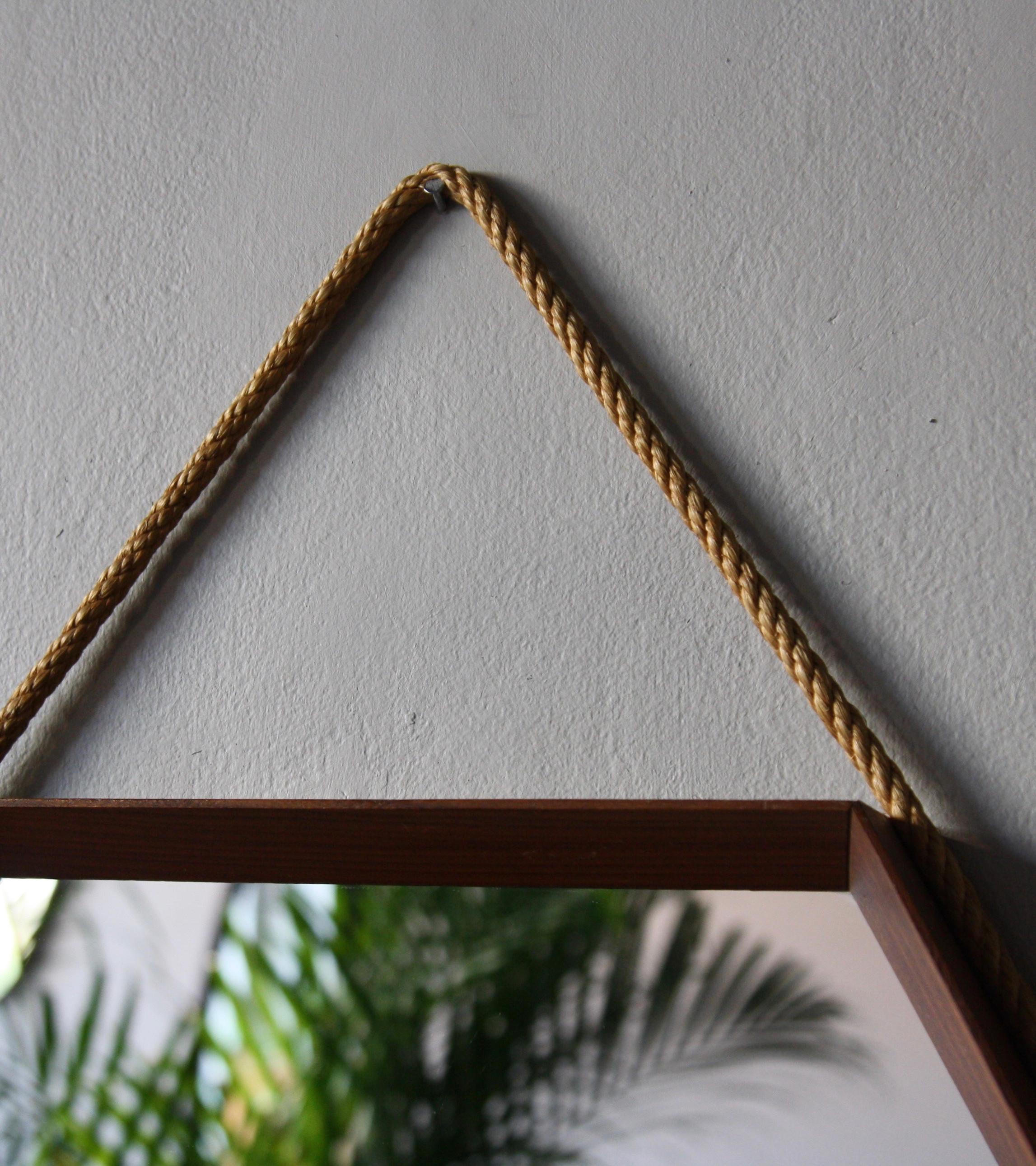 Vintage Hexagonal Teak Wall Mirror with String Hanging Strap Made in Denmark 3