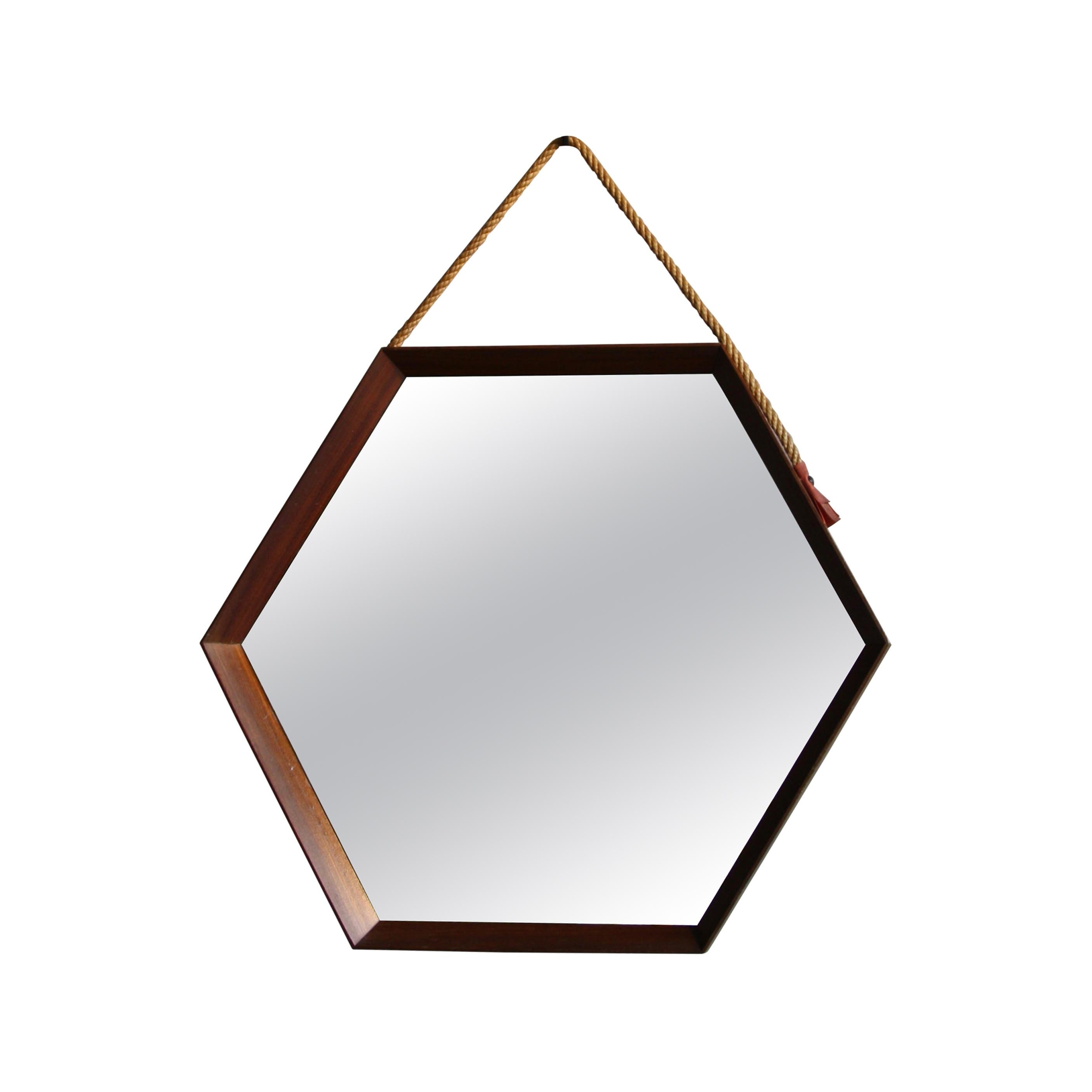 Vintage Hexagonal Teak Wall Mirror with String Hanging Strap Made in Denmark