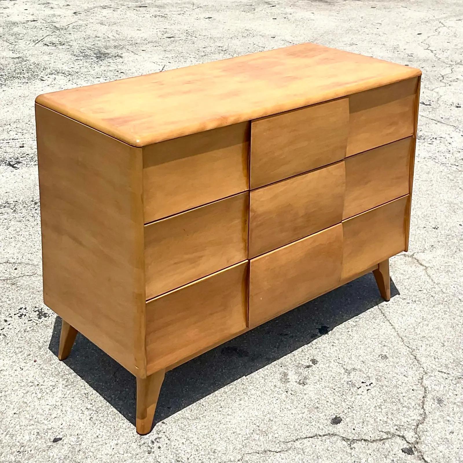 Fantastic vintage Midcentury Kohinooor chest of drawers. Made by the iconic Heywood Wakefield. A chic MCM design in a pale maple wood. A real collectors item. Acquired from a Palm Beach estate.