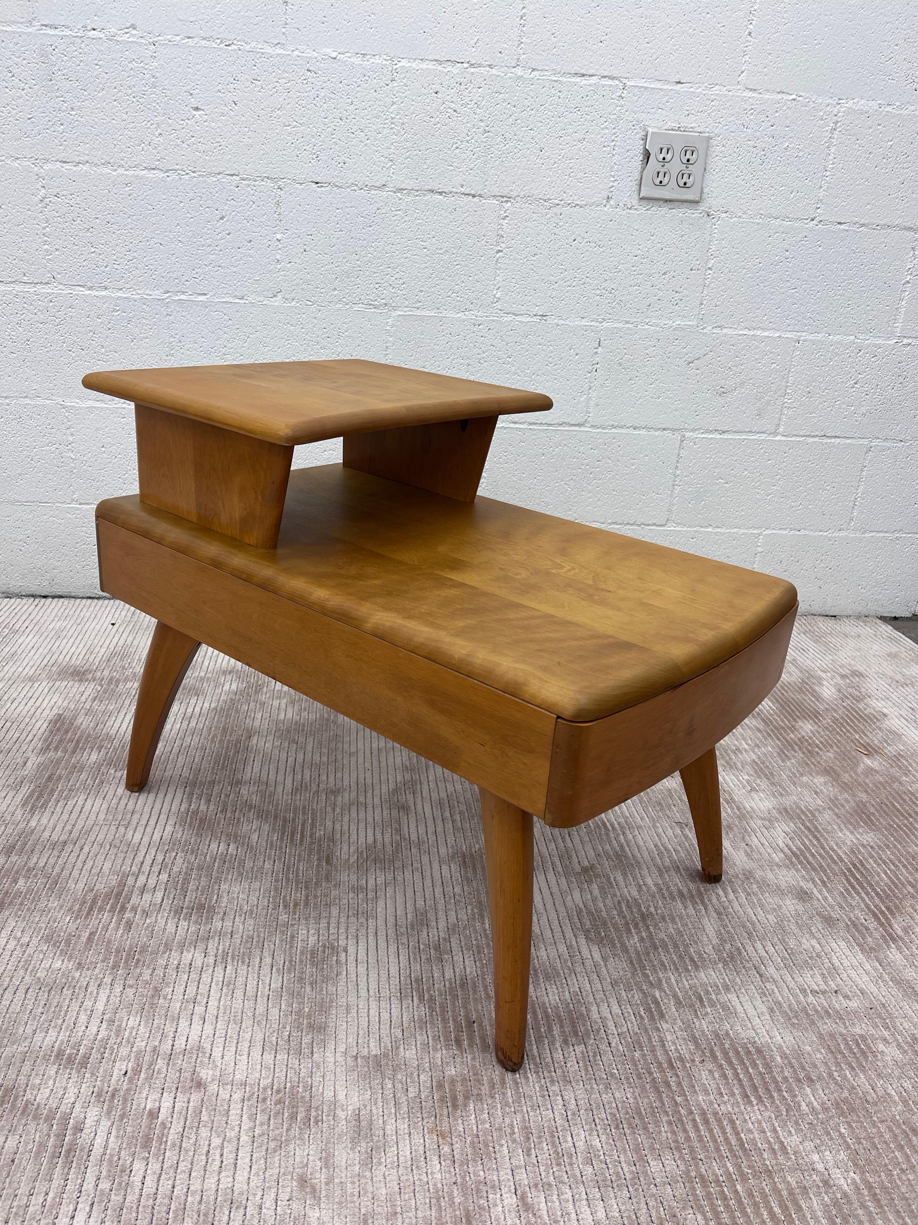 Vintage Heywood Wakefield Mid Century modern 2 Tier Side Table with Drawer For Sale 3
