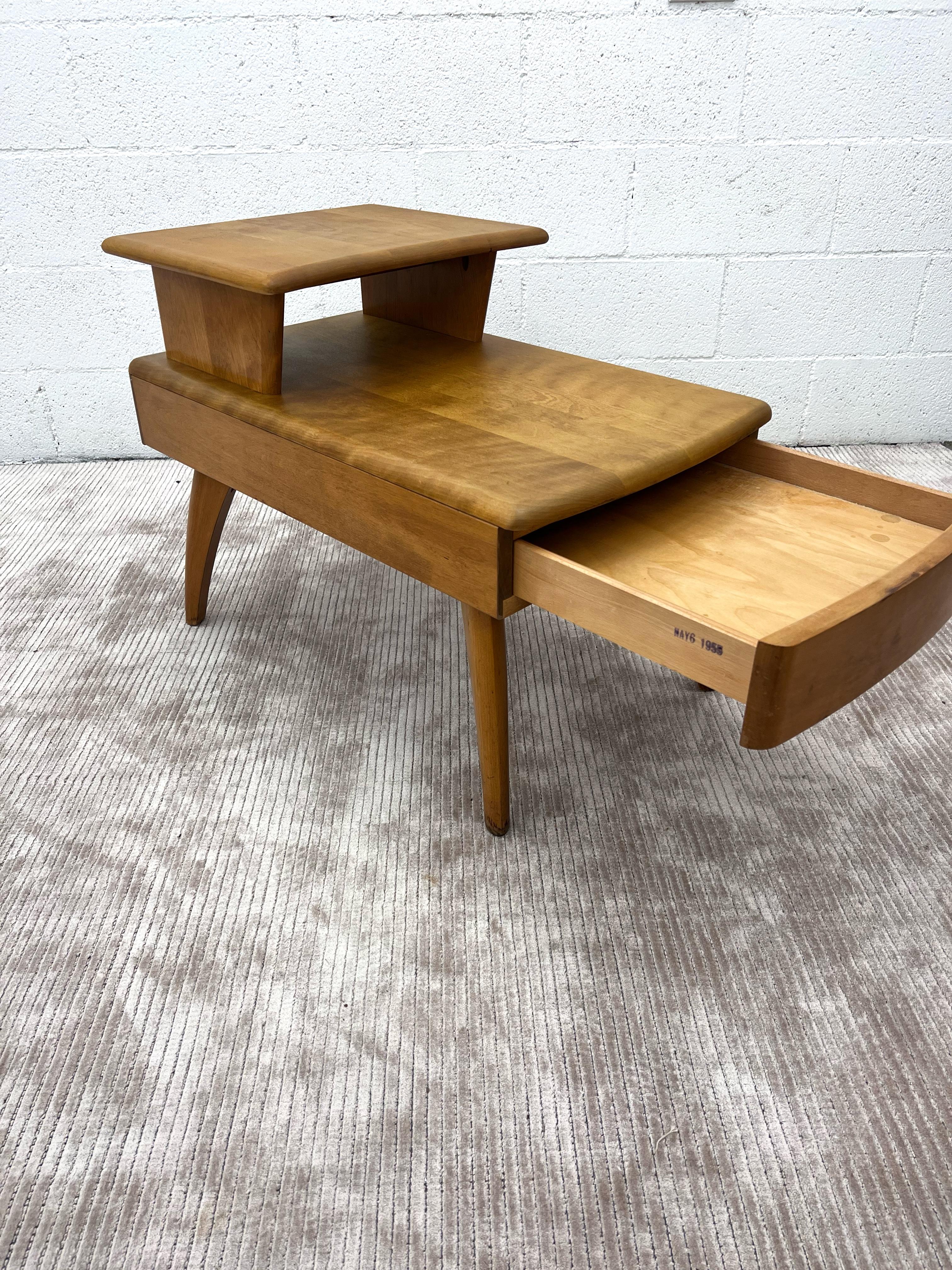 Mid-Century Modern Vintage Heywood Wakefield Mid Century modern 2 Tier Side Table with Drawer For Sale