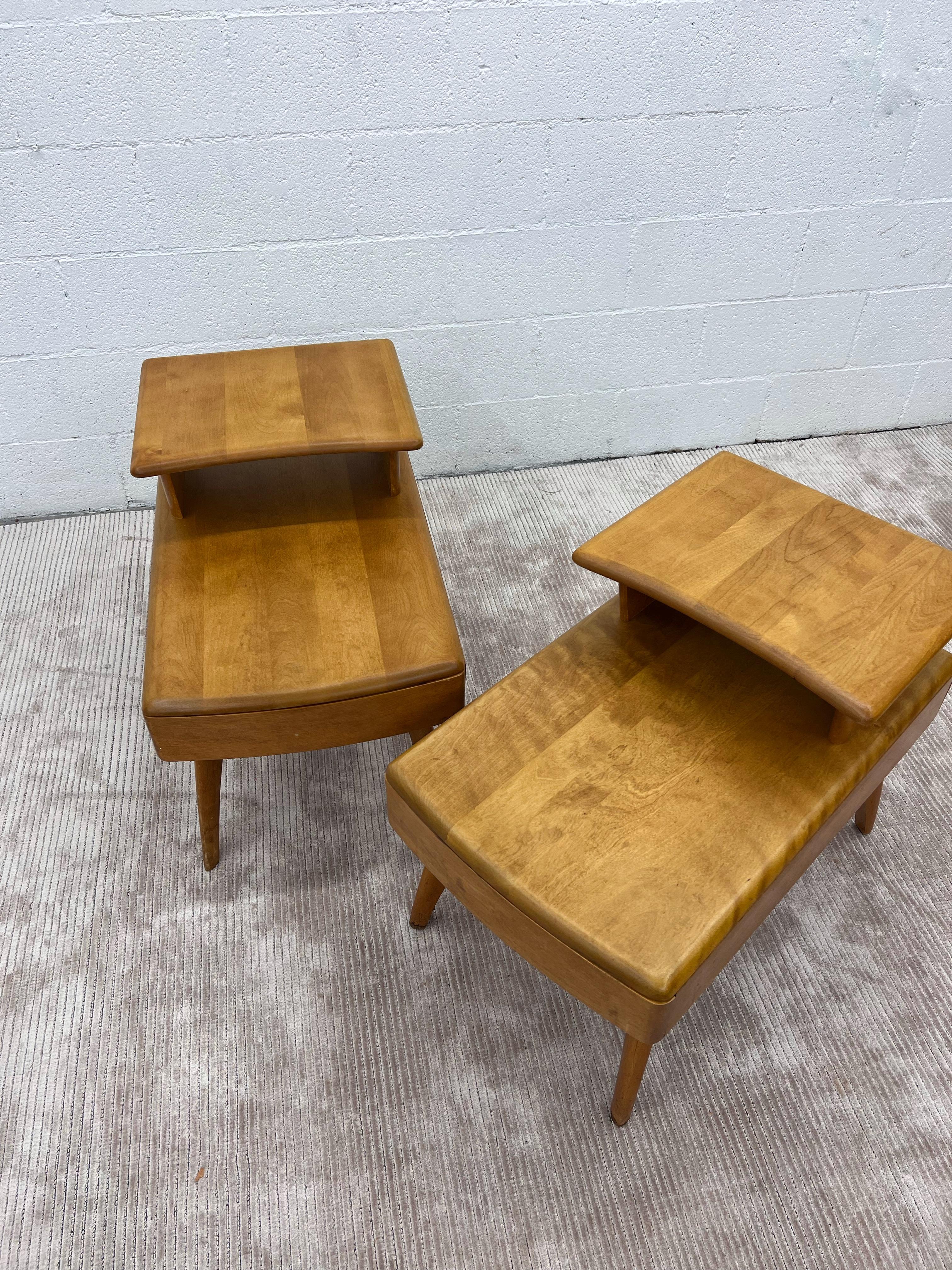 Birch Vintage Heywood Wakefield Mid Century modern 2 Tier Side Table with Drawer For Sale