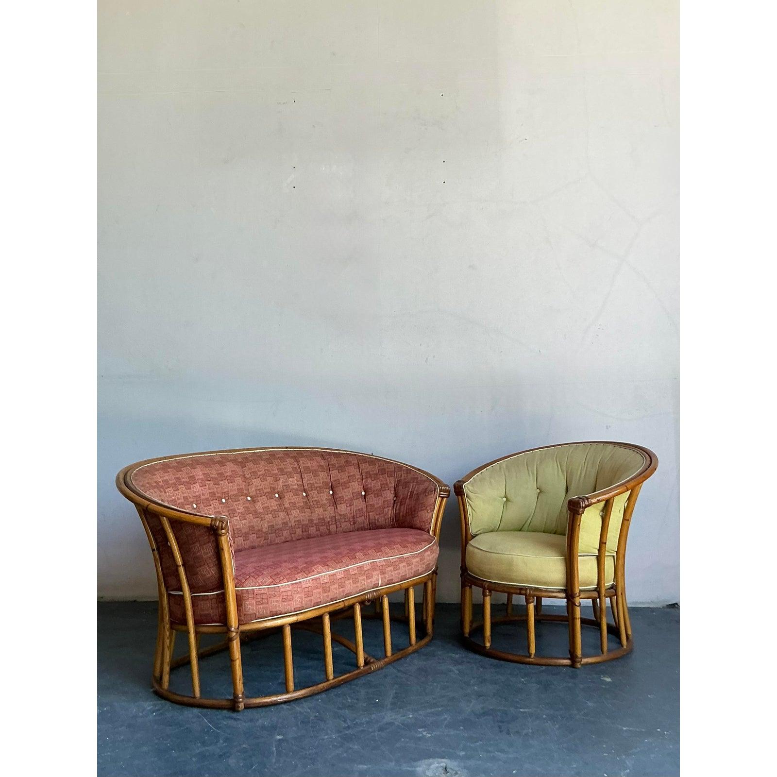 Vintage Heywood Wakefield Mid-Century Modern Bent Rattan Lounge Chair (20. Jahrhundert) im Angebot